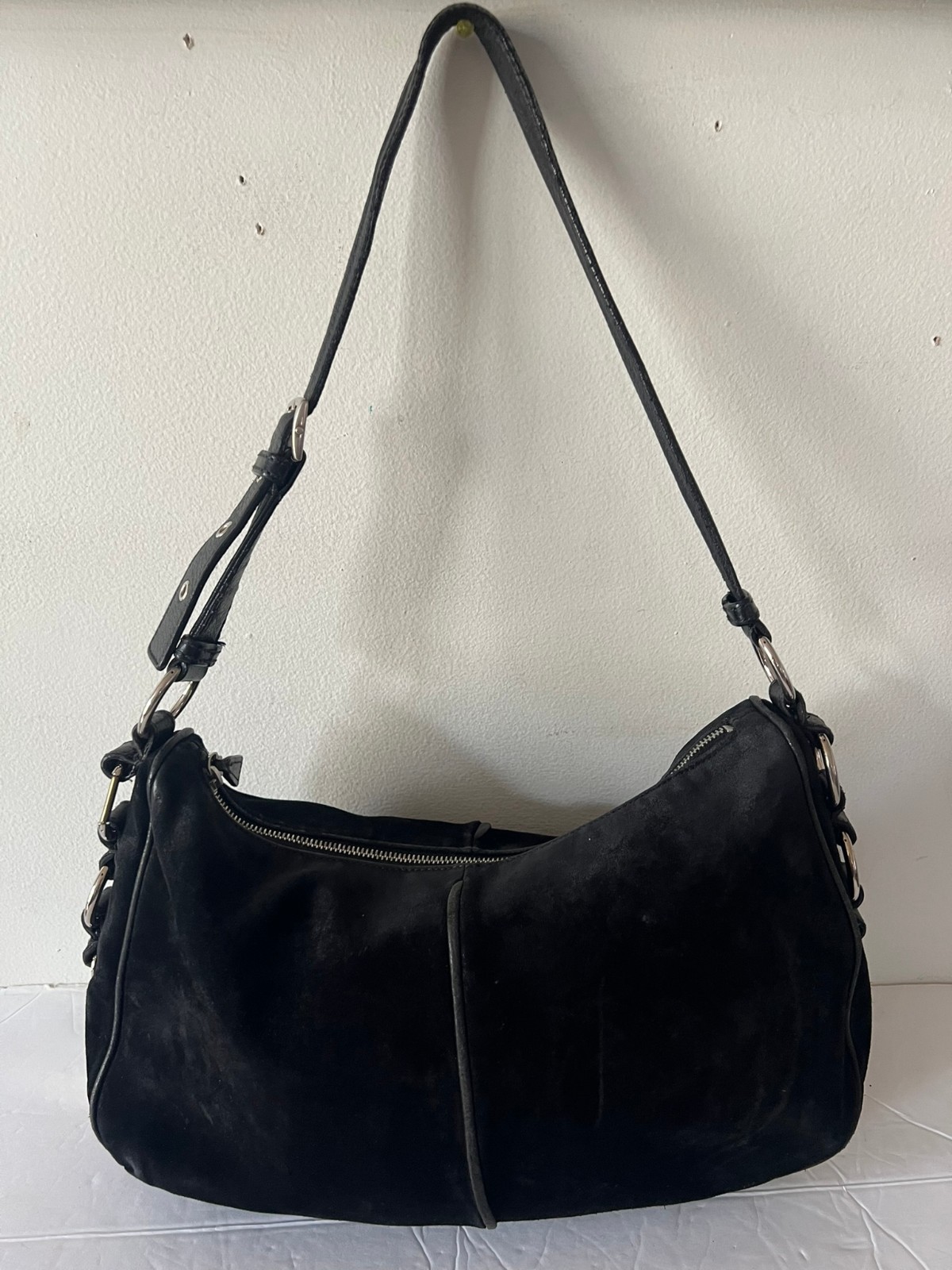 SERGIO ROSSI SUEDE SILVER METAL HARDWARE SHOULDER BAG