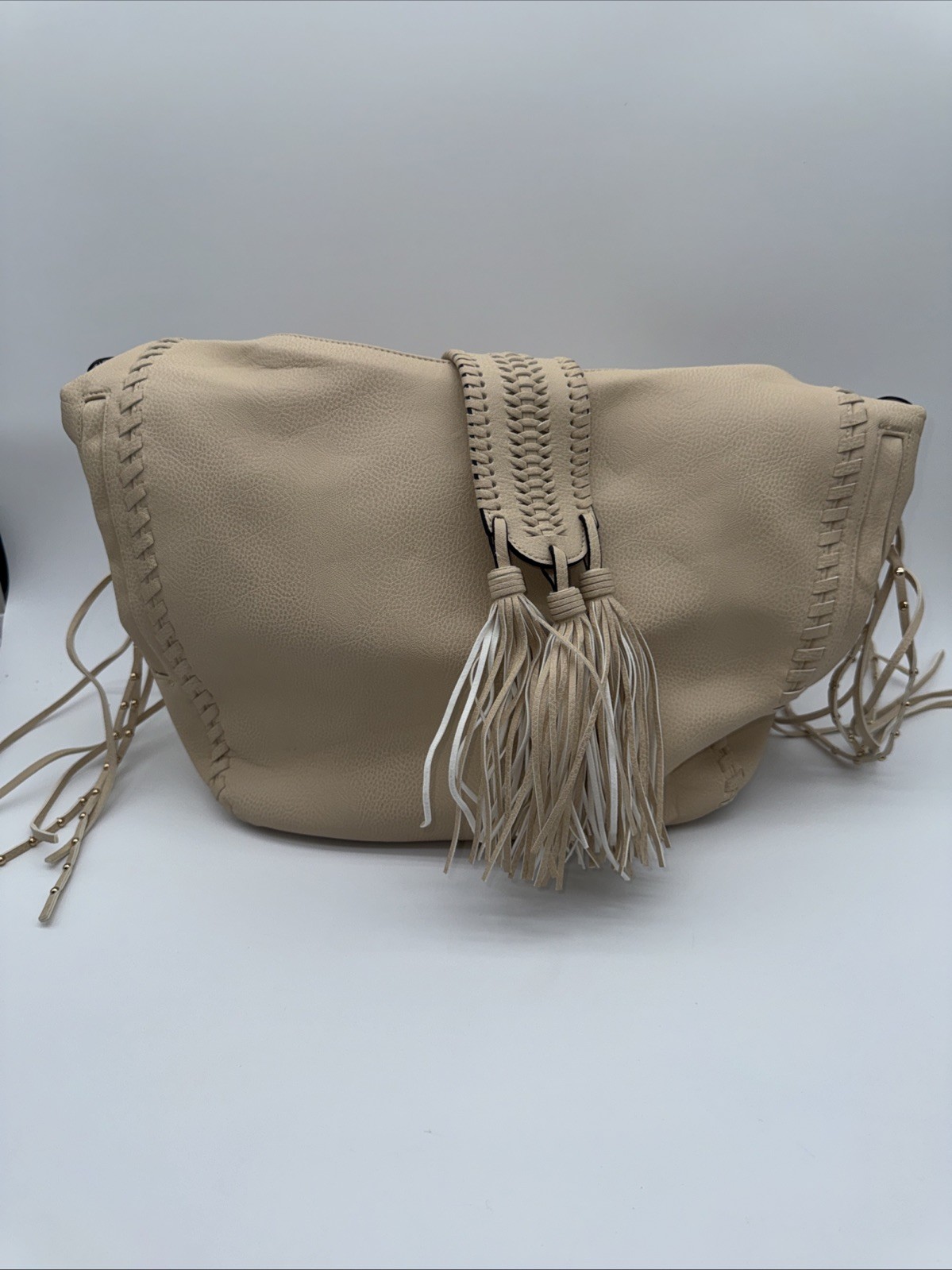 Big Buddha Bone Camel Beige Hobo Bag Tote Purse With Tassel Over The Shoulder