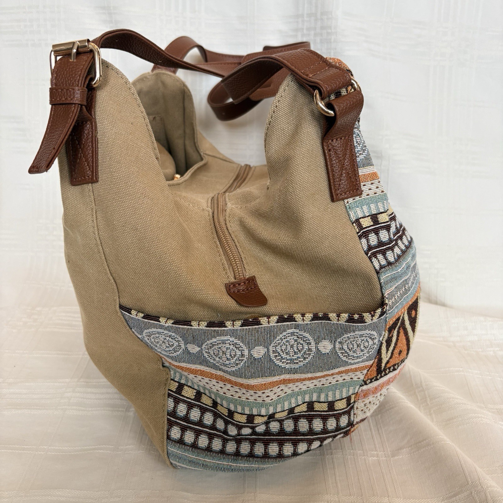 WORLDLYDA CANVAS Embroidered Tapestry Hobo Tote Bag Boho Aztec Tan, Lt blue