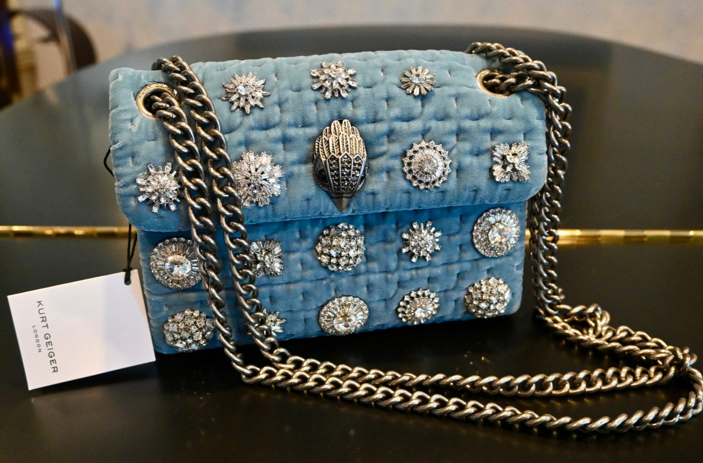 NWT $238 KURT GEIGER London Mid-Blue Velvet Evening Handbag Embellished
