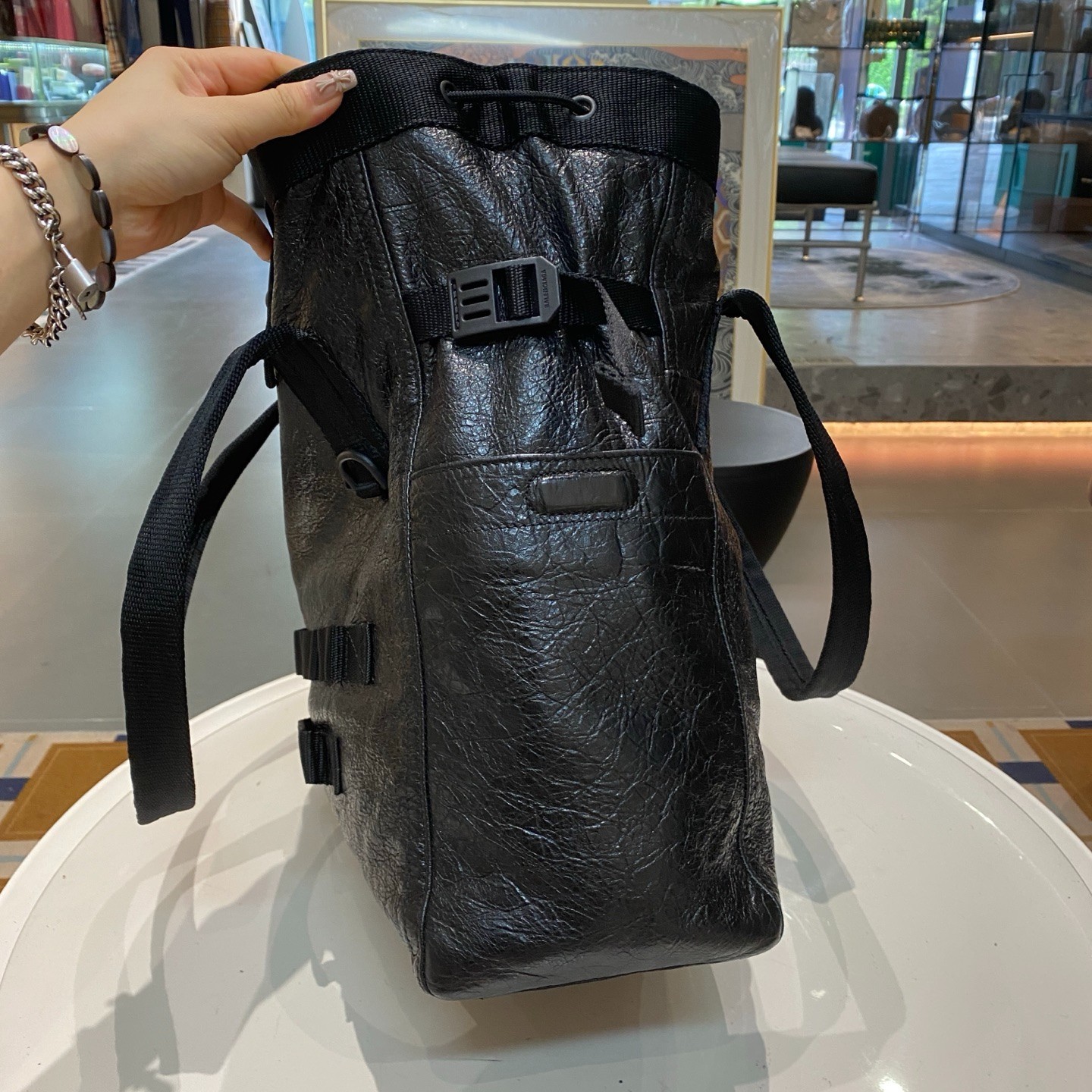 Preloved Balenciaga Army Drawstring Large Cargo Tote Bag Black Distressed Waxed