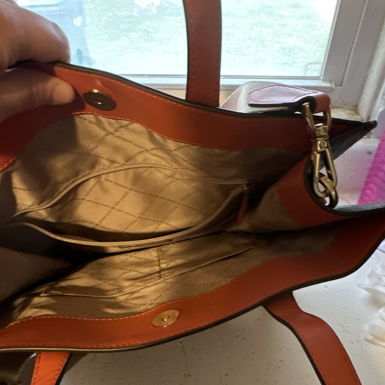Michael Kors Brown Logo Tote Orange Trim Front Zip Pocket Detachable Strap