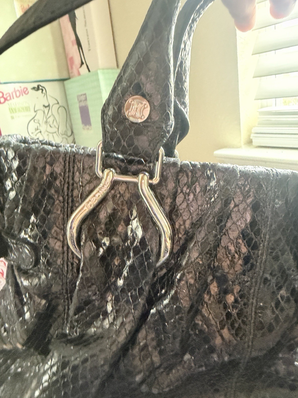 Céline Black Snake Skin Satchel Top Handle Zip Bag Silver Hardware Charm
