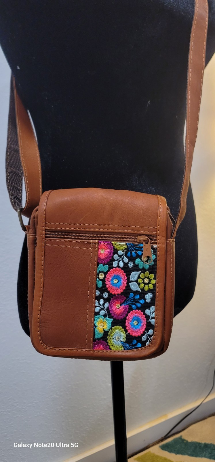 Leather Embroidered Crossbody Bag Zip Magnetic Pockets Adjustable Strap Brown