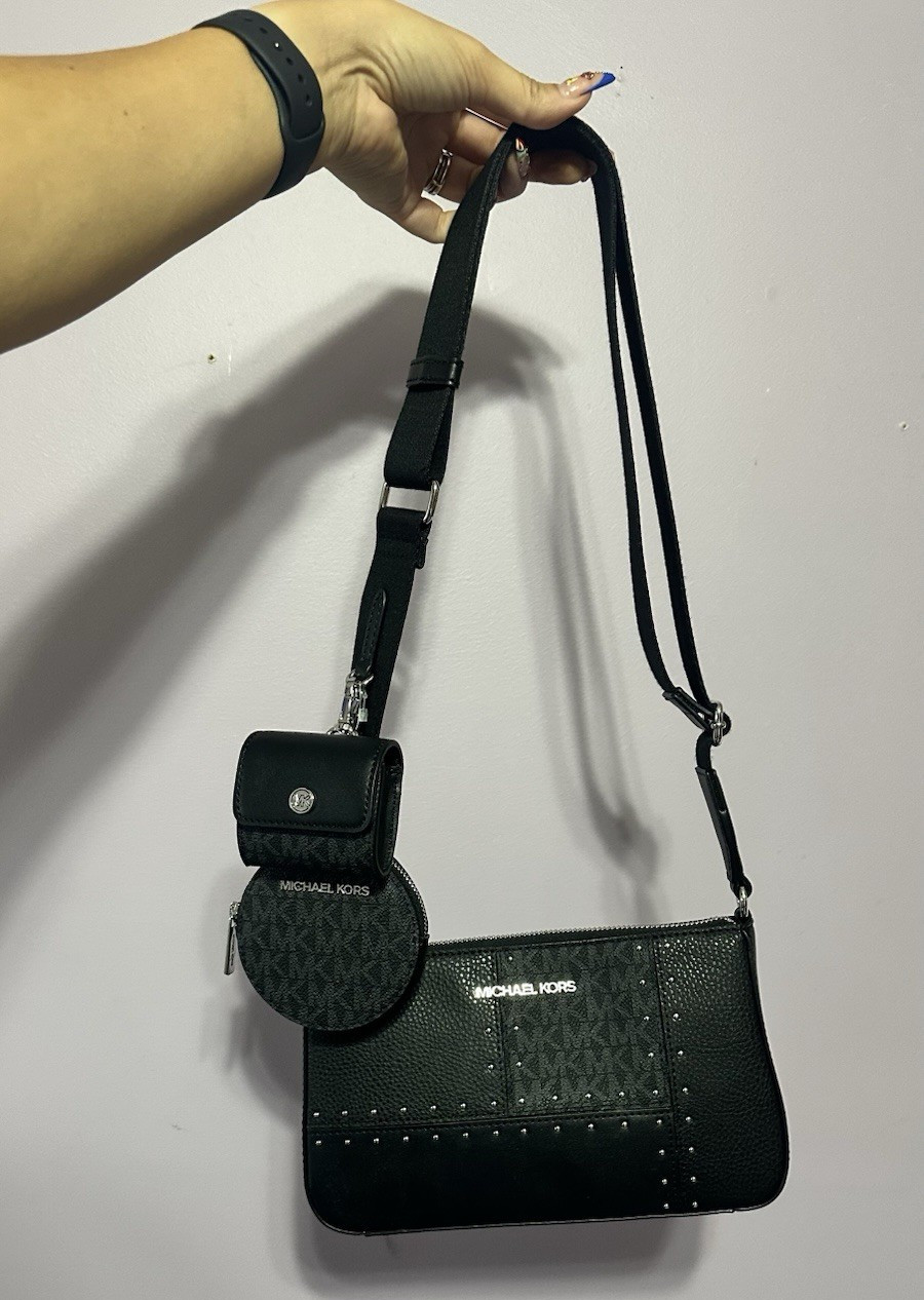 Michael Kors Black Logo Studded Crossbody Zip Bag Adjustable Strap Pouch Coin