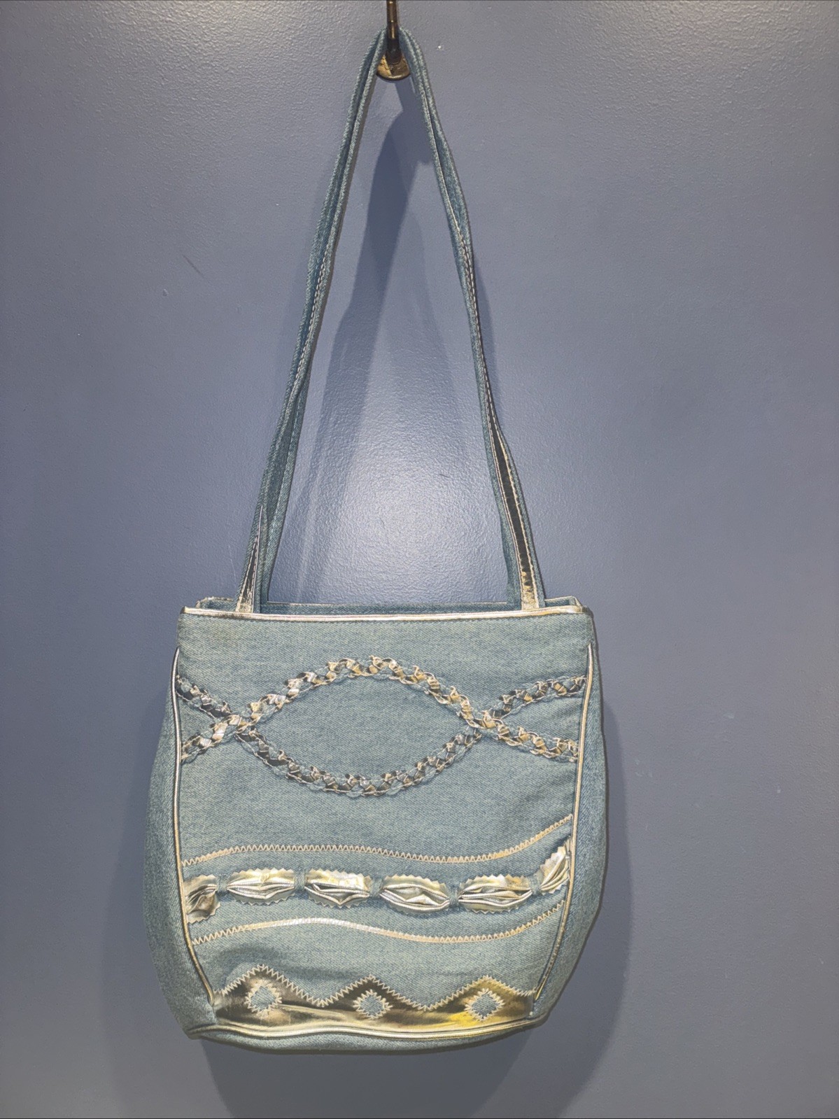 Warren Reed Vtg Blue Denim Purse Shoulder Bag w Silver Detail Vintage