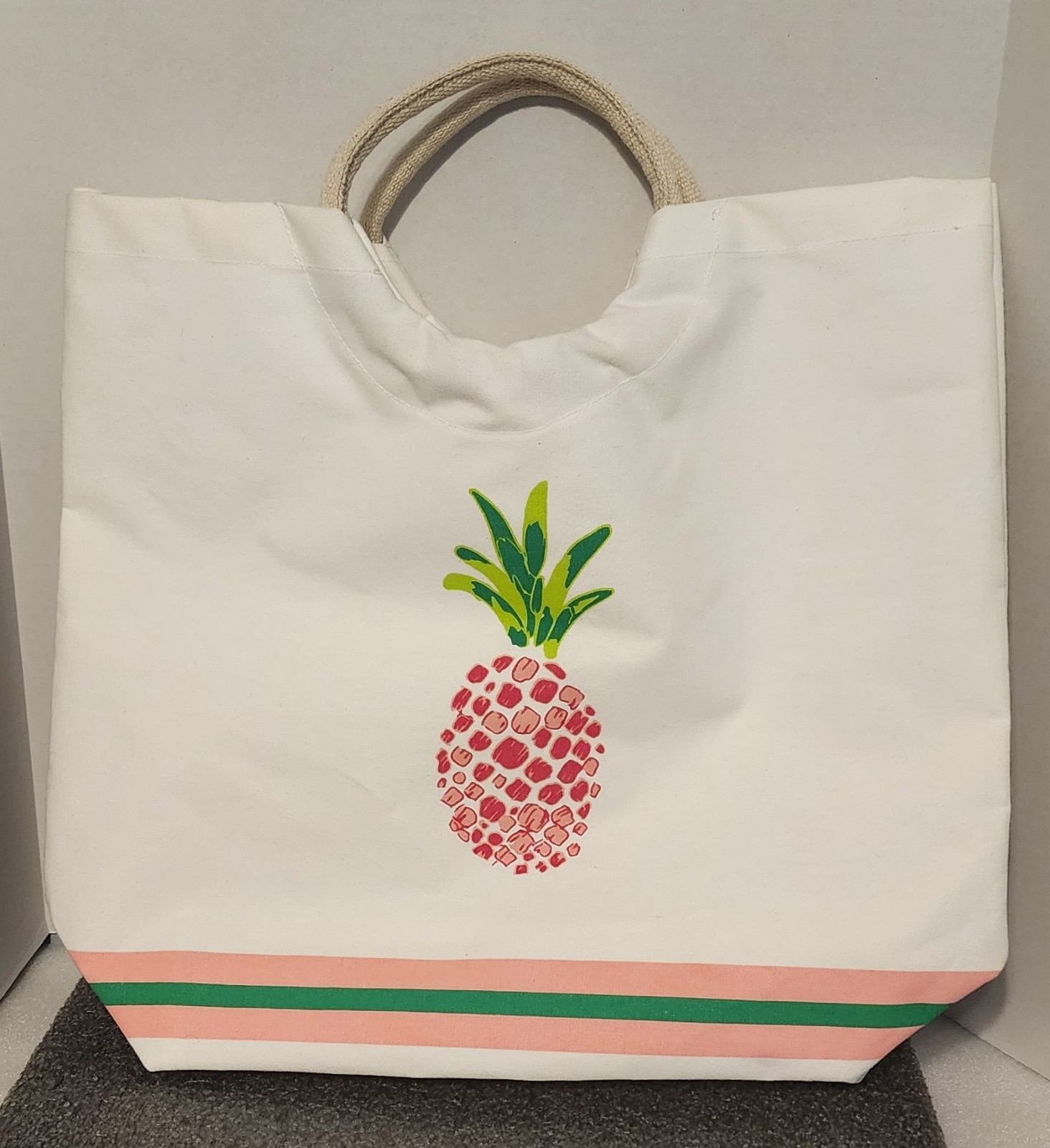 Royal Standard White Cotton Beach Bag with Pineapple Print & Canvas Handles