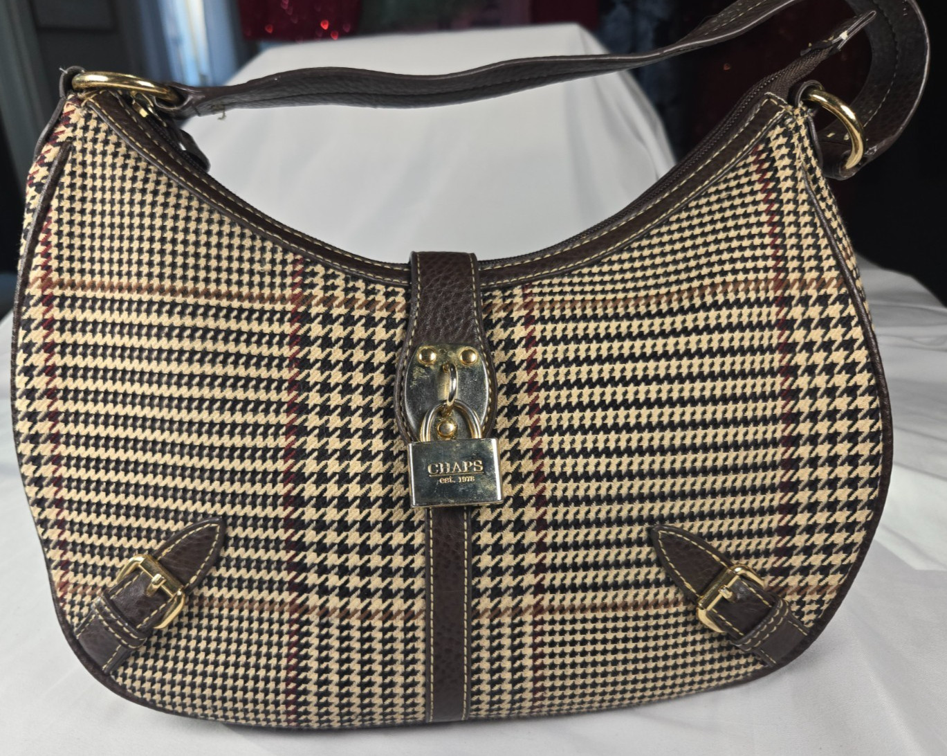 Chaps Houndstooth Plaid Shoulder Bag Purse Brown Padlock Preppy Y2K Academia