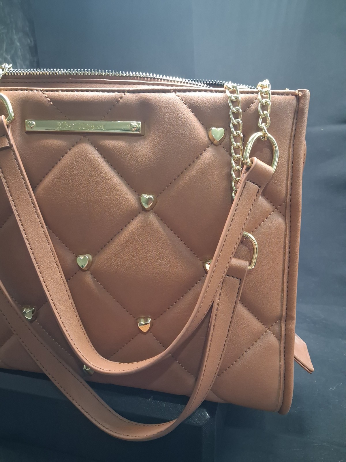 Betsey Johnson Brown Quilted Heart Studded Shoulder Bag, Zip, Floral Lining