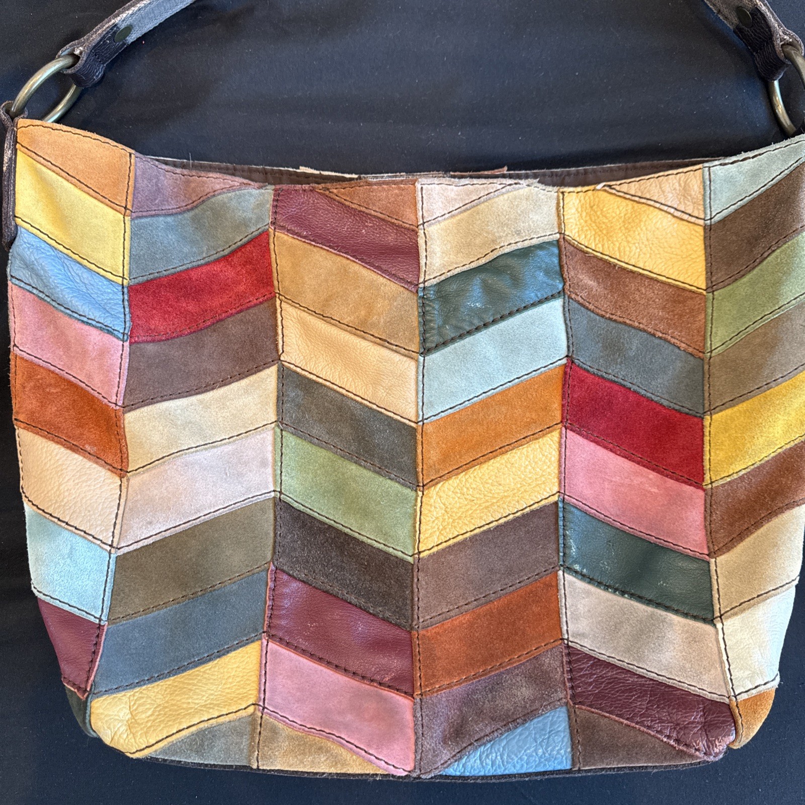Rare Lucky Brand Y2K Patchwork Leather Hobo Bag Multicolor Boho Ugly Betty