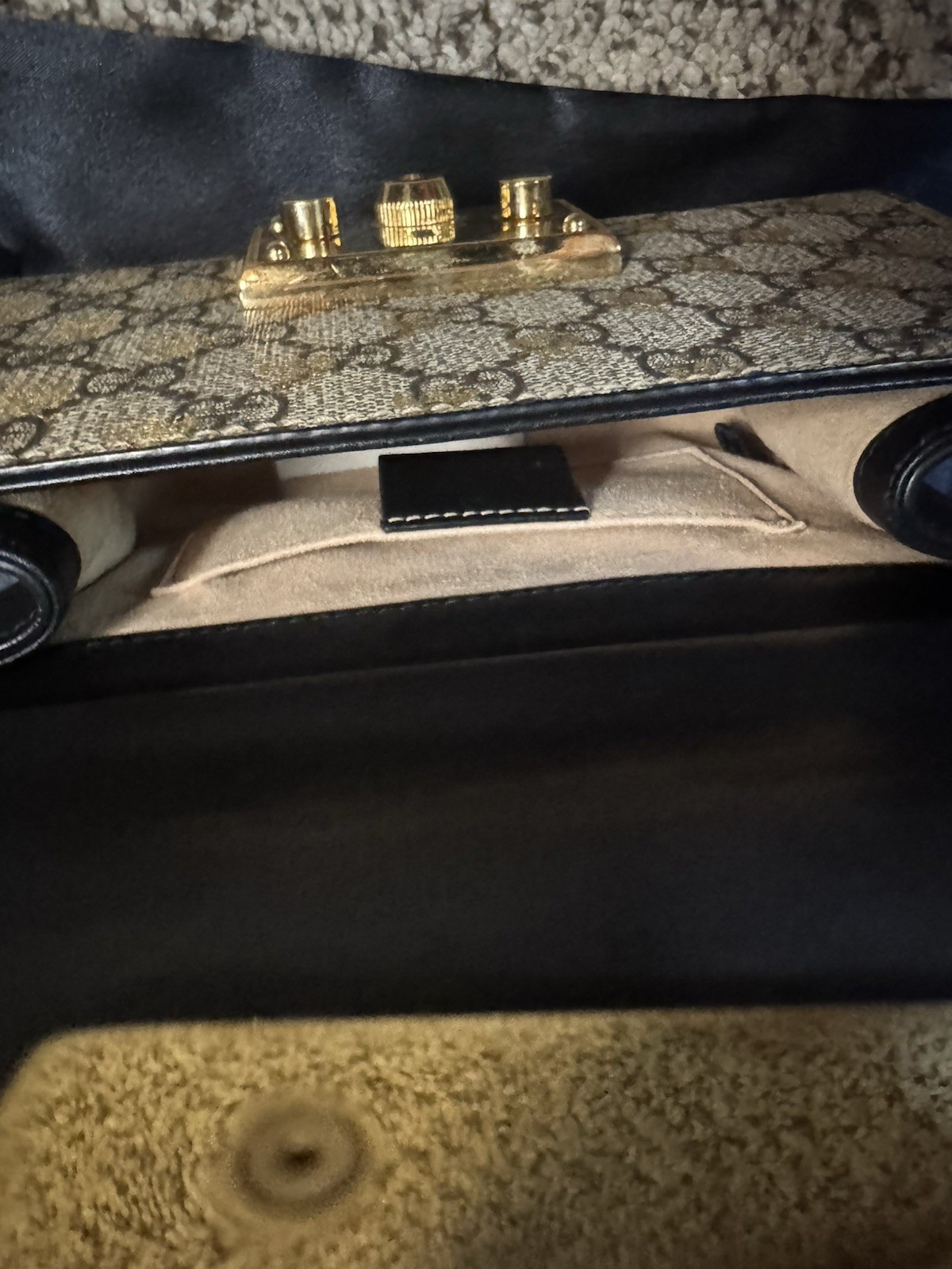 Gucci GG Monogram Shoulder Bag Gold Chain Strap Push Lock Gold Hardware