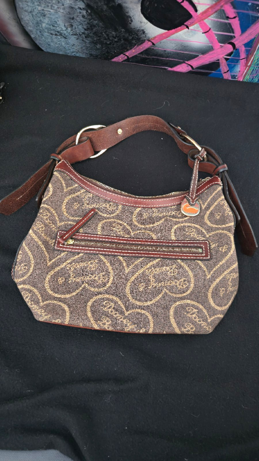 Dooney & Bourke Heart Logo Small Brown/Tan Shoulder Bag, Red Lining