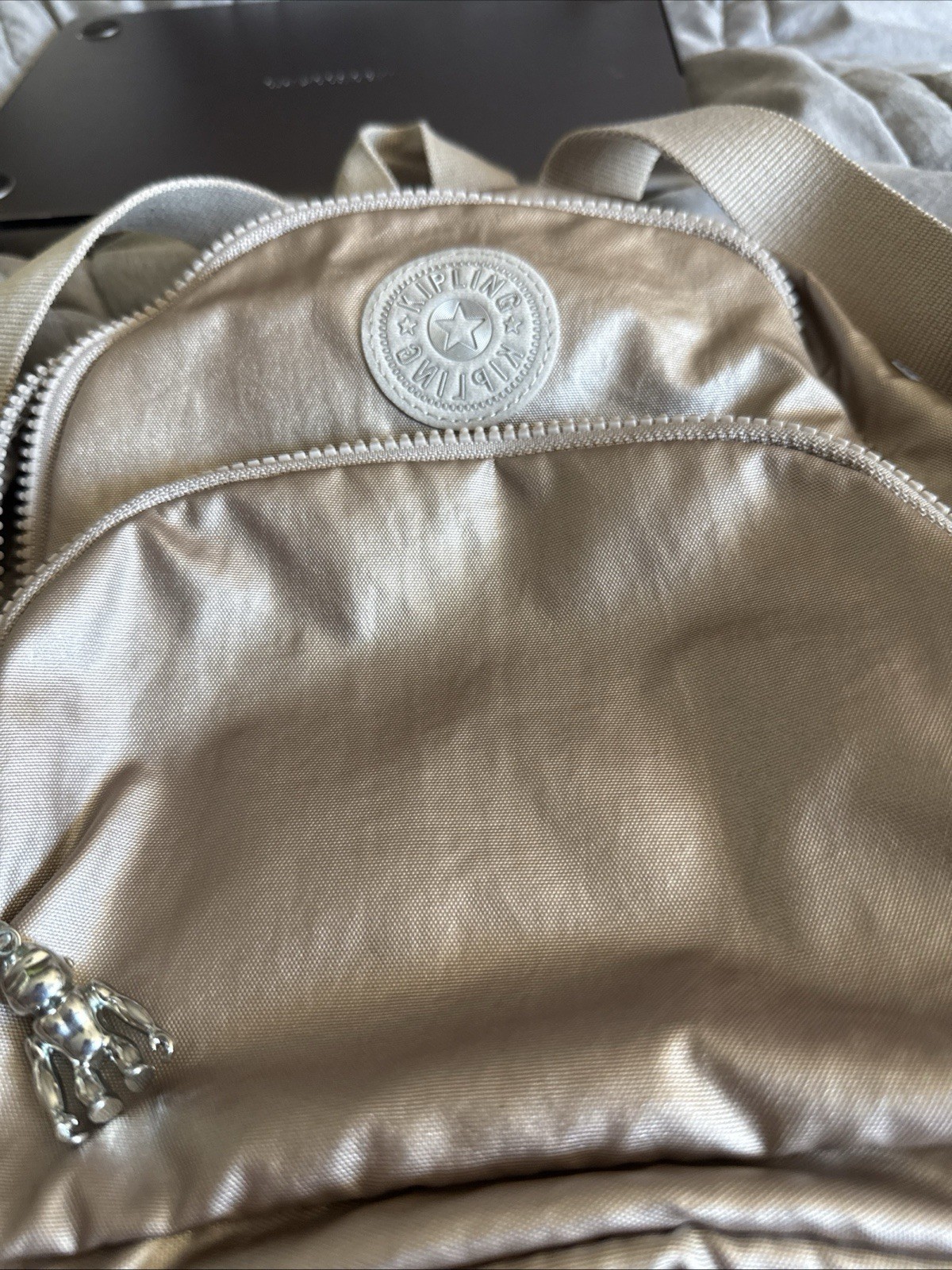 Kipling Beige Mini Backpack Solid Zip Closure Monkey Bag Charm Silver Hardware