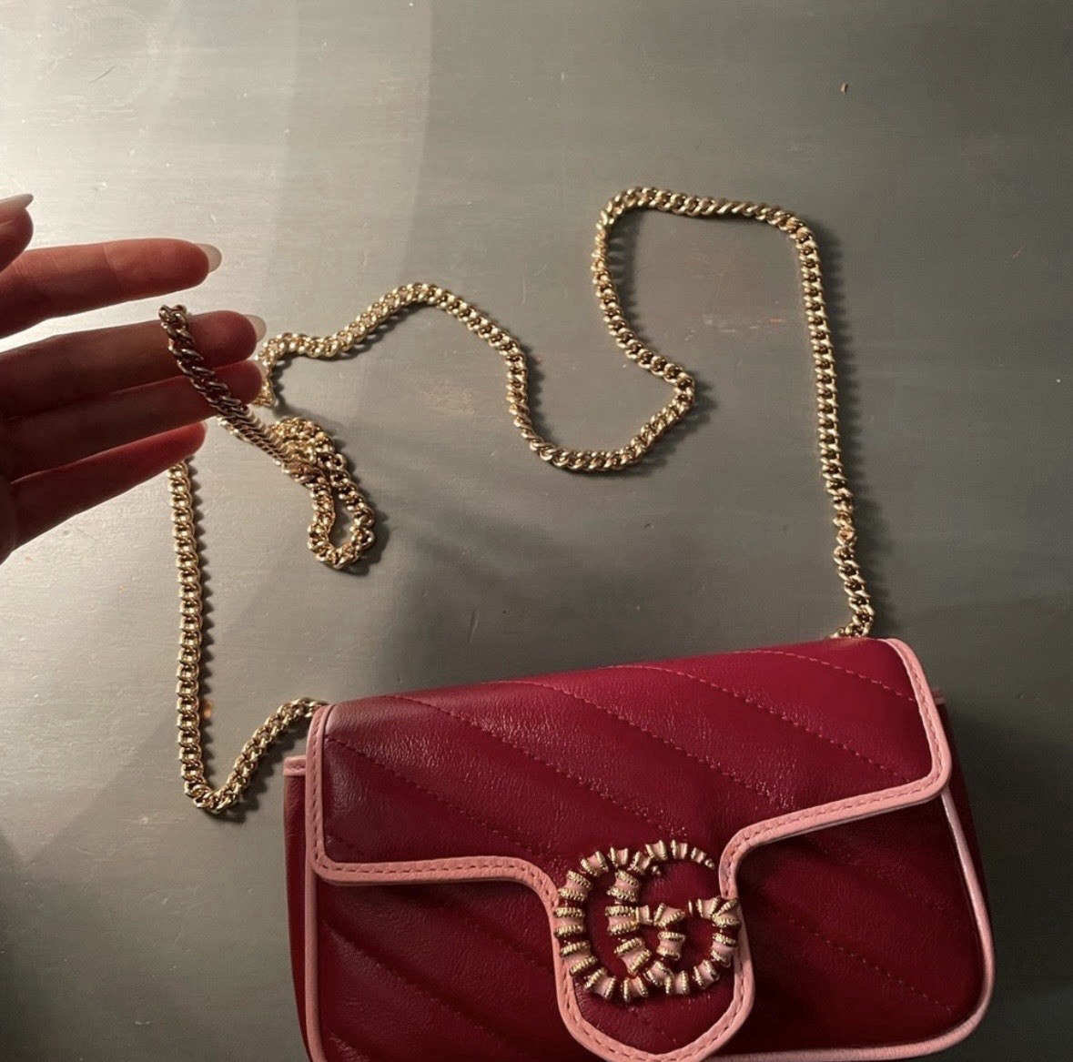 Rare GUCCI Marmont Super Mini Burgundy Red and Pink Orchon Azal Cross Body Purse