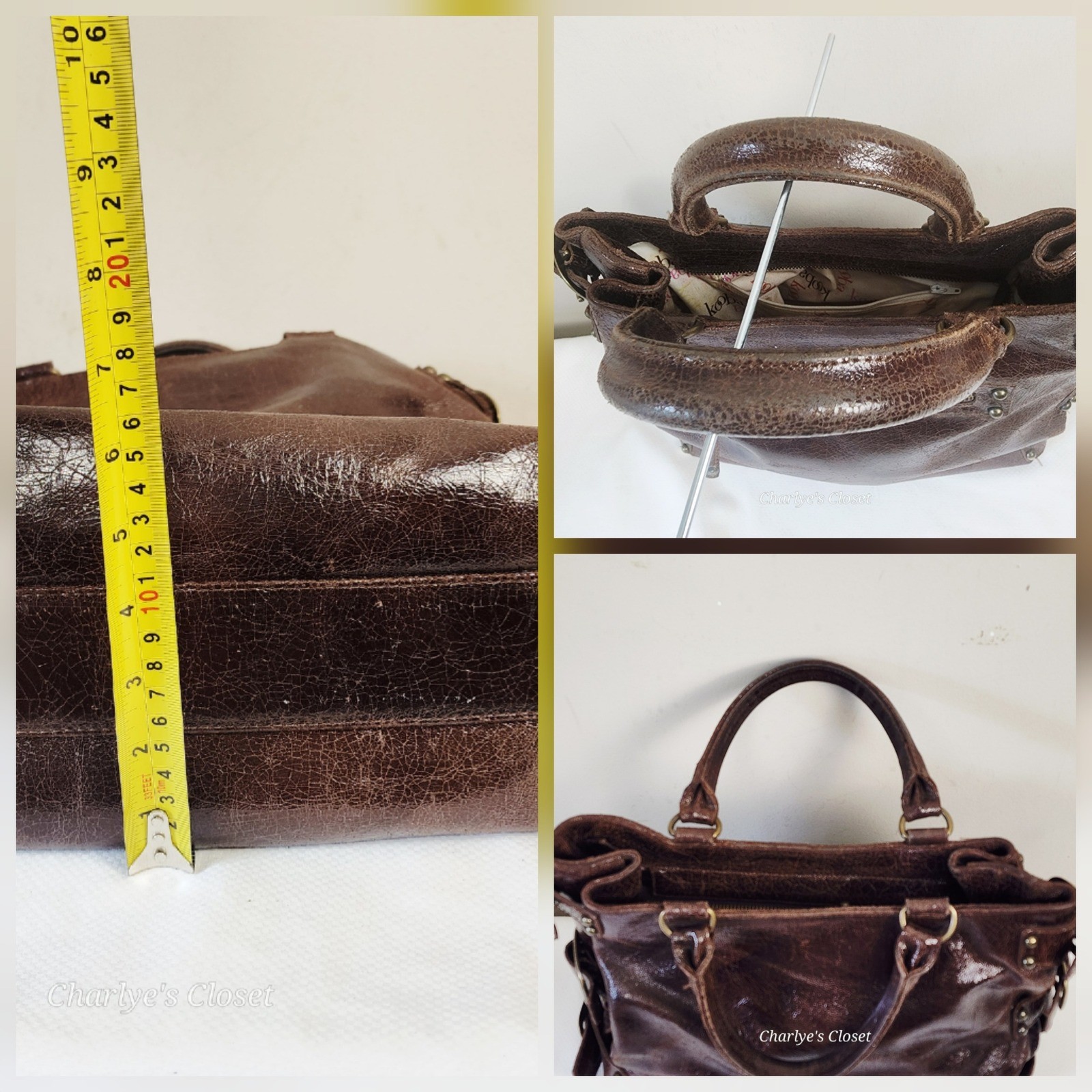 KOOBA Brown Distressed Leather Brass Studded Satchel Bag Boho Statement Edgy