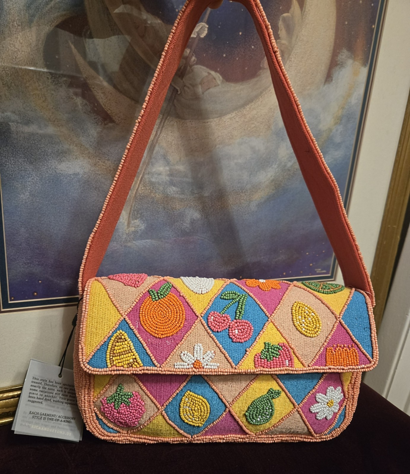 American & Beyond Viral Bright Fruit & Flower Patchwork Beaded Shoulder Bag New