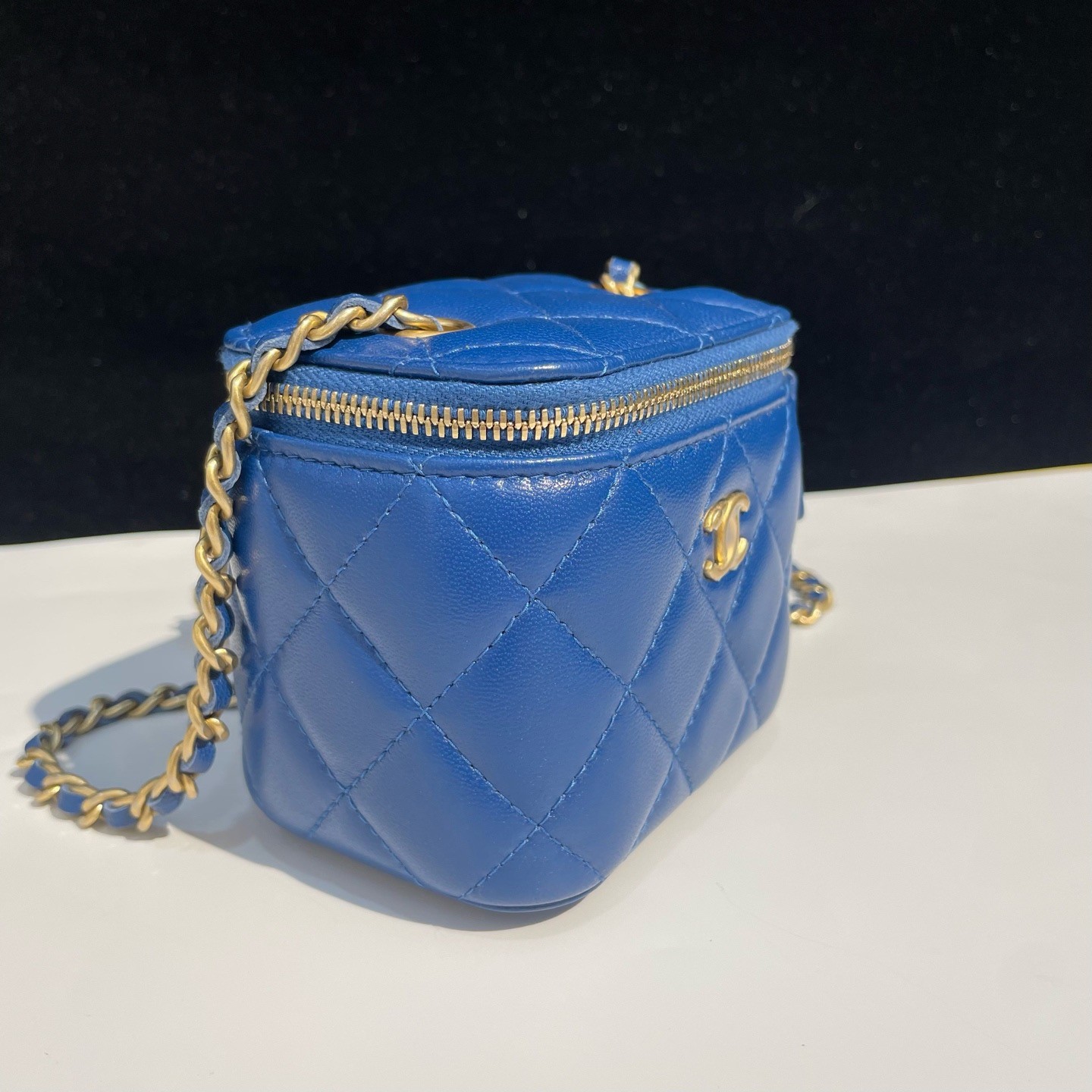 Chanel Vanity Case Quilted Leather Blue Mini Crossbody Bag Gold Ball Chain