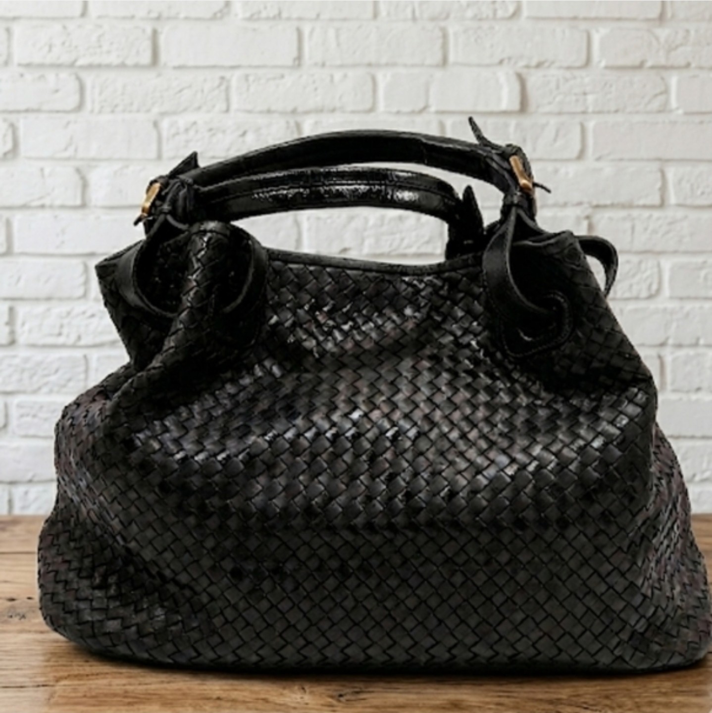 Valentina Italian Black Intrecciato Leather Bag