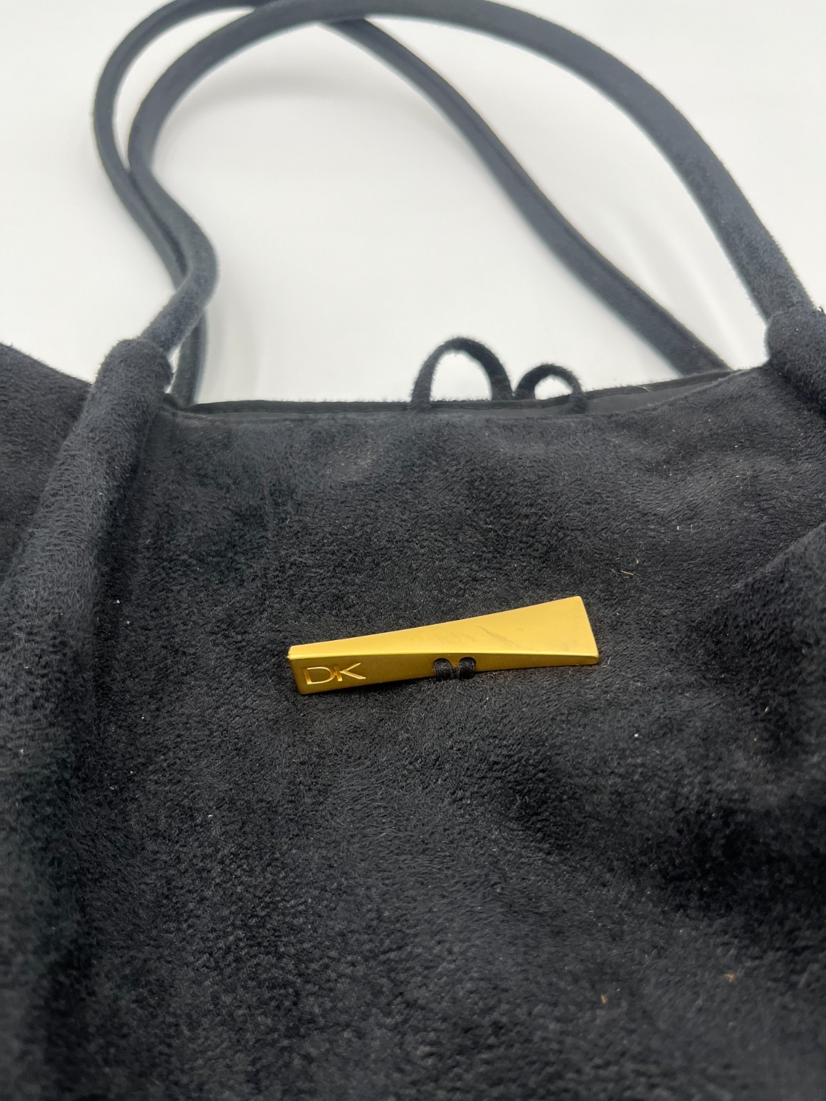 DKNY Black Suede Tote Bag Large Shoulder Handbag Gold Logo Women’s Purse