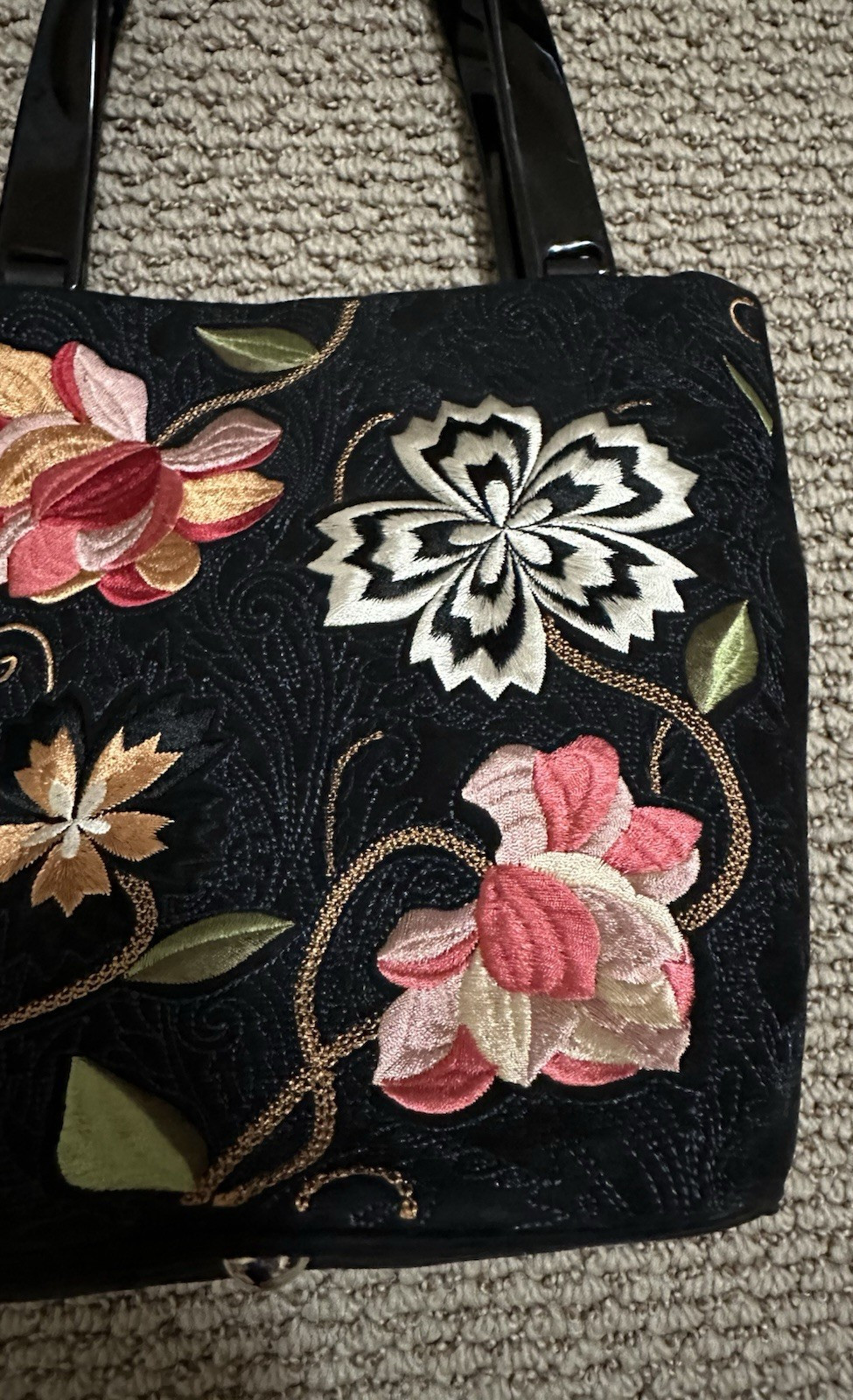 Talbots Floral Embroidered Black Microsuede Handbag, Black Plastic Handles