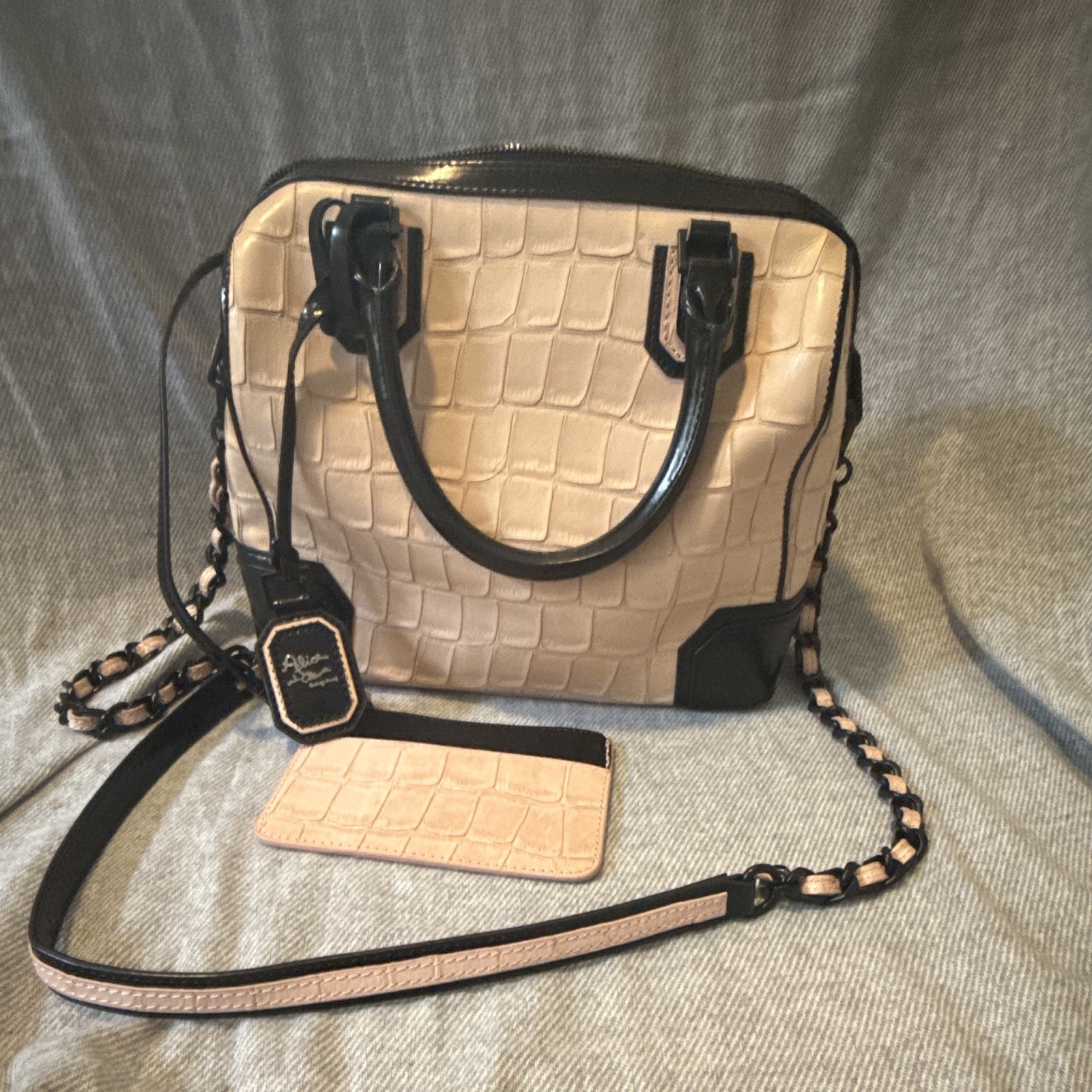Alice + Olivia Beige/Black Croc-Embossed Satchel w/ Strap, Coin Purse