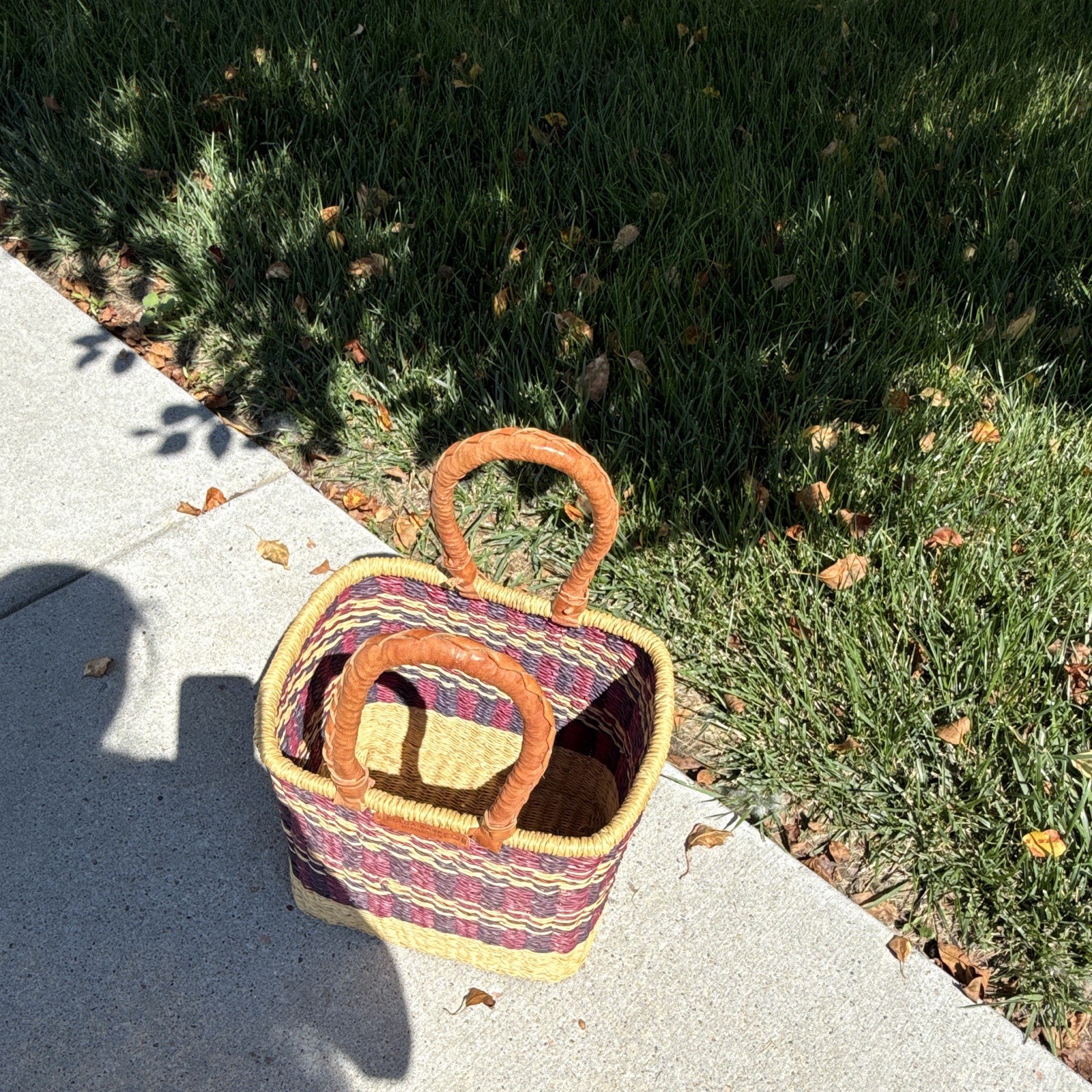 African Hand made Medium size Basket 20 years old, Leather Handles.