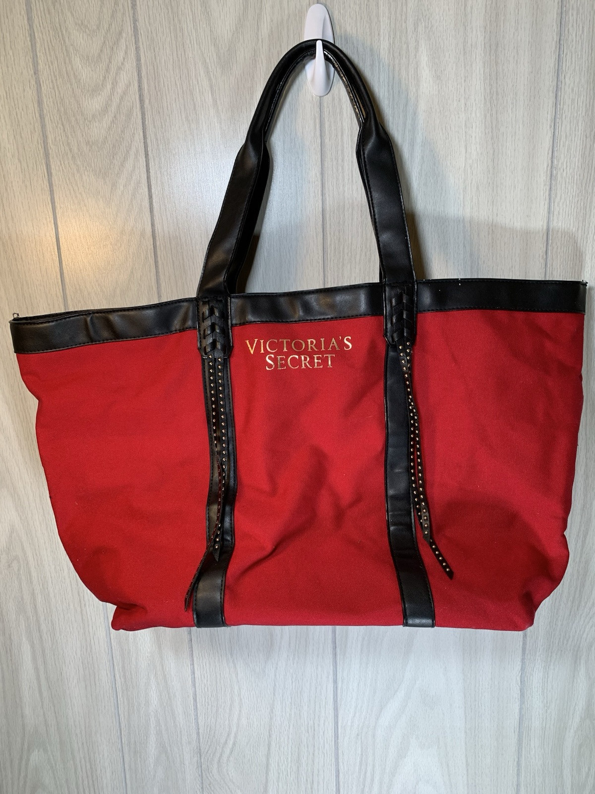Victoria’s Secret Signature Weekender Tote Bag Red with Black Trim Gold Studs