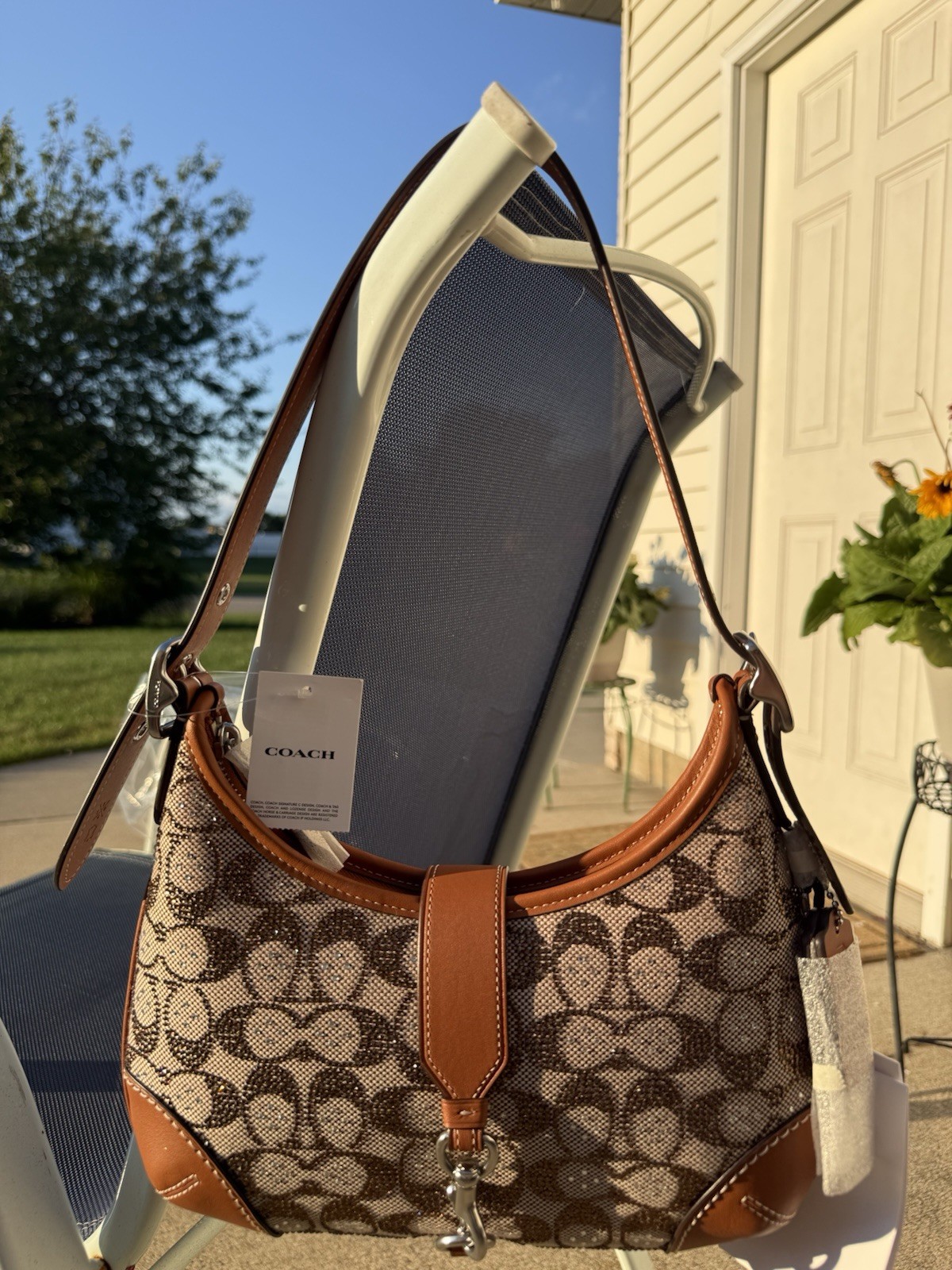 ❤️COACH Hampton Hobo Shoulder Bag Crystal Signature Jacquard Burnished Amber NWT