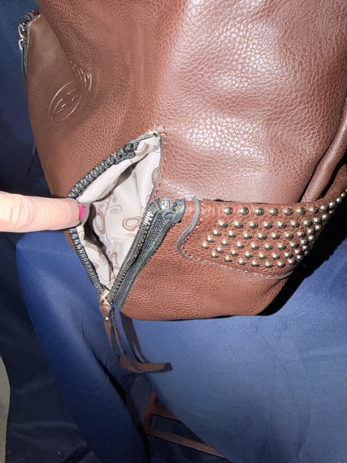 Large Brown Pebbled Satchel Top Handle Bag Zip Closure Studded Pockets Gold