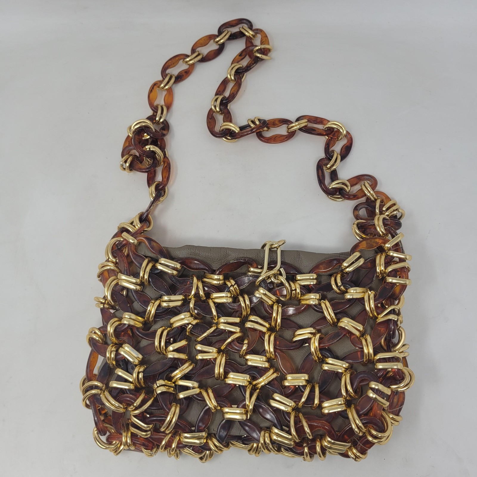 Vintage Tortoise Shell Chain Link Shoulder Bag Brown Leather Statement Disco 70s
