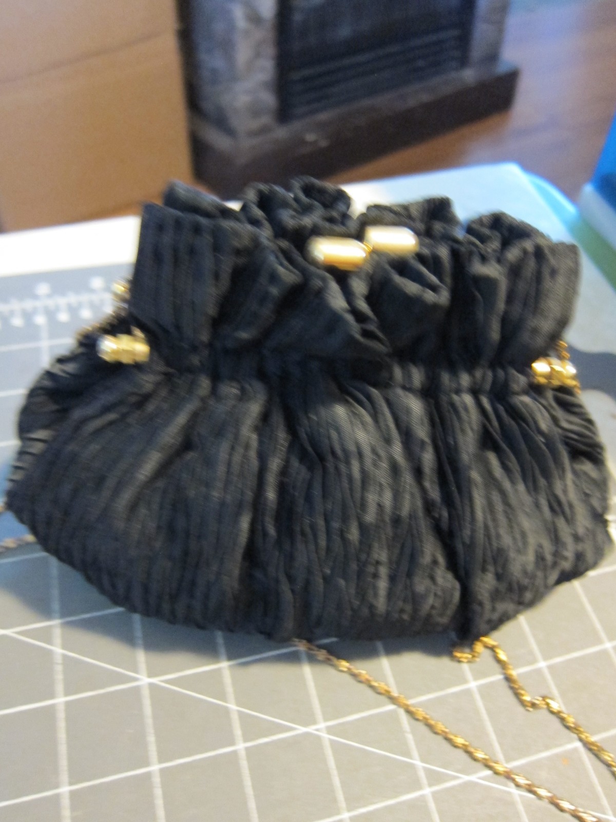 Vintage Cloth Vanessa Evening Bag Black Pleated Gold Tone Findings & Chain