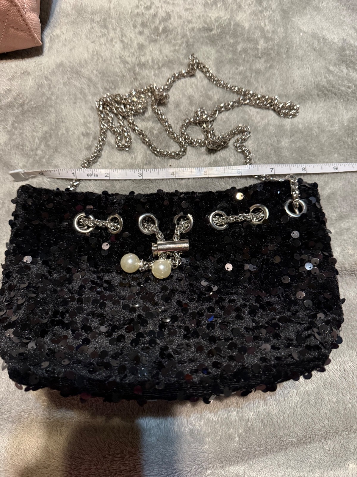 Black Sequin Purse with Chain Strap Pearl Accent Closure