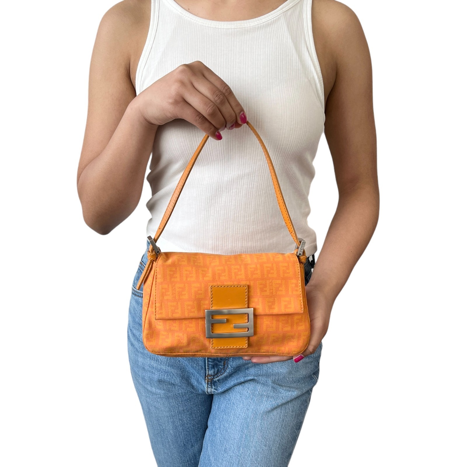 FENDI Vintage Logo Zucchino Mamma Baguette Mini Shoulder Bag Orange 902036