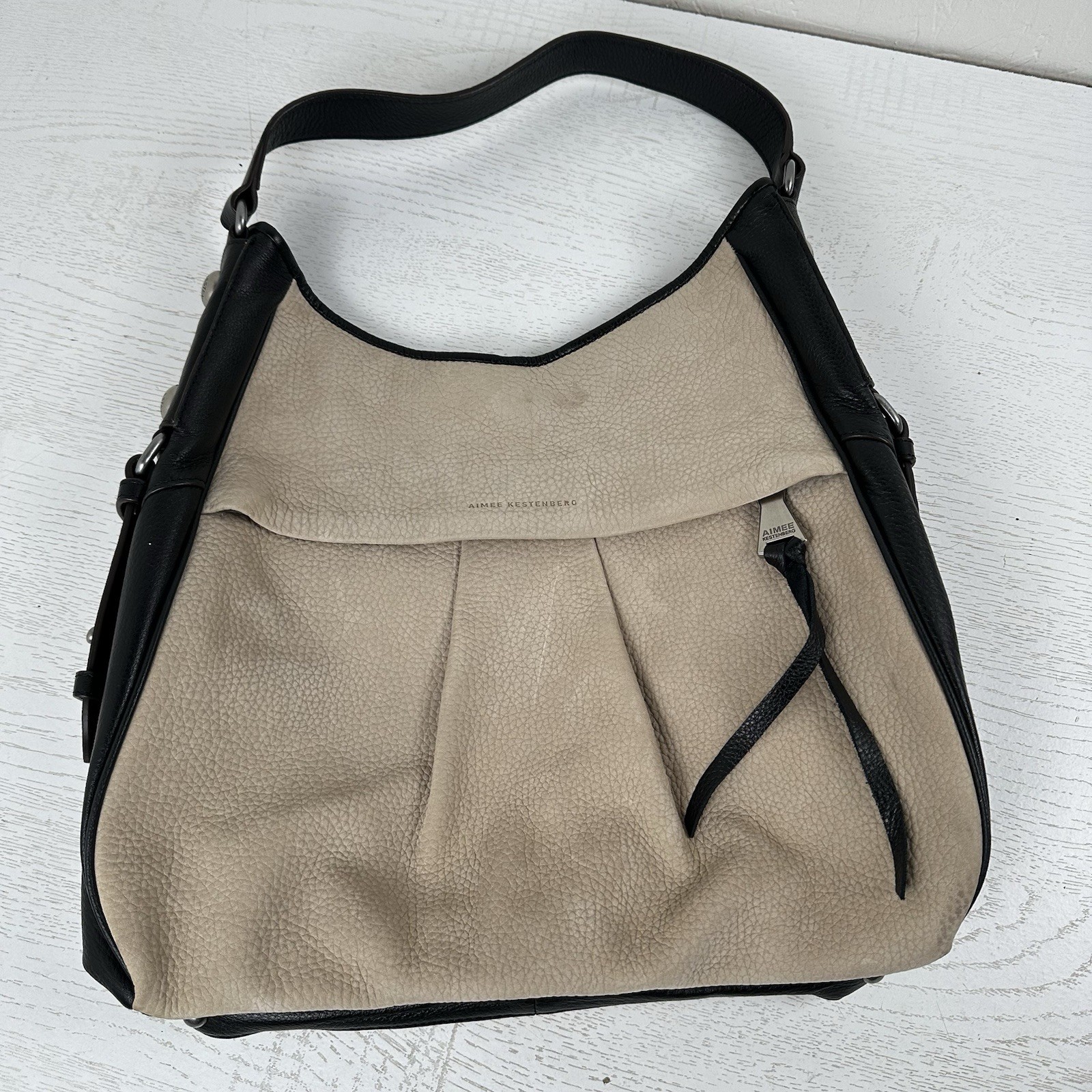 Aimee Kestenberg Oat Nubuck And Black Leather High Riser Hobo Handbag Purse
