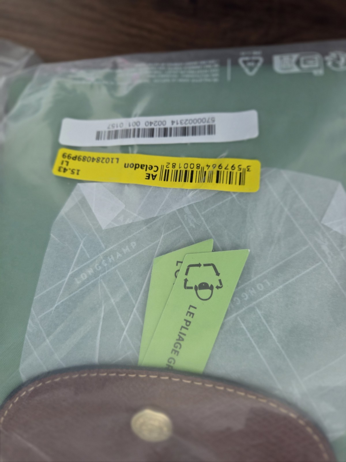 Longchamp Le Pliage Green Backpack Zip Snap Gold Hardware Brown Straps