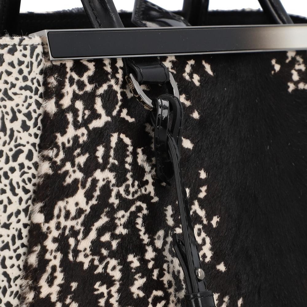 FENDI 2Jours Medium Tote Bag Black White Calf Hair Animal Print 2WAY Auth