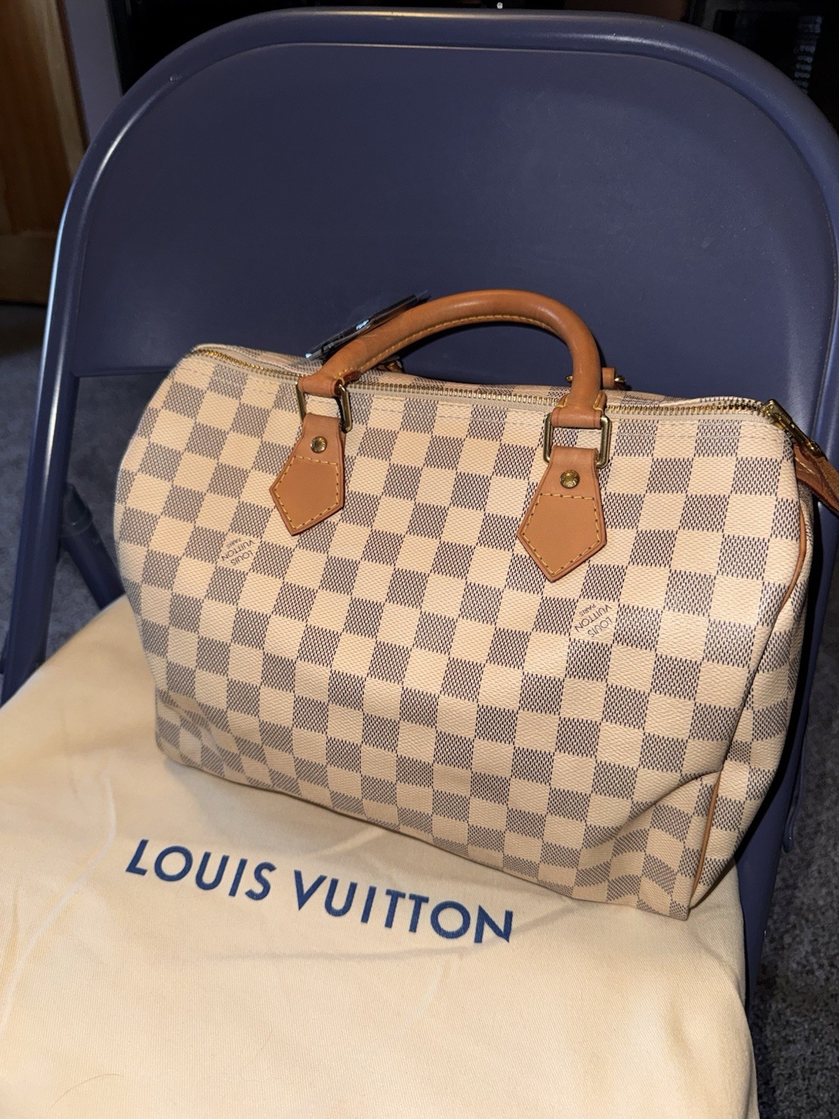Louis Vuitton Damier Azur Checkered Speedy 30 w/ Lock, Keys, Dust Bag
