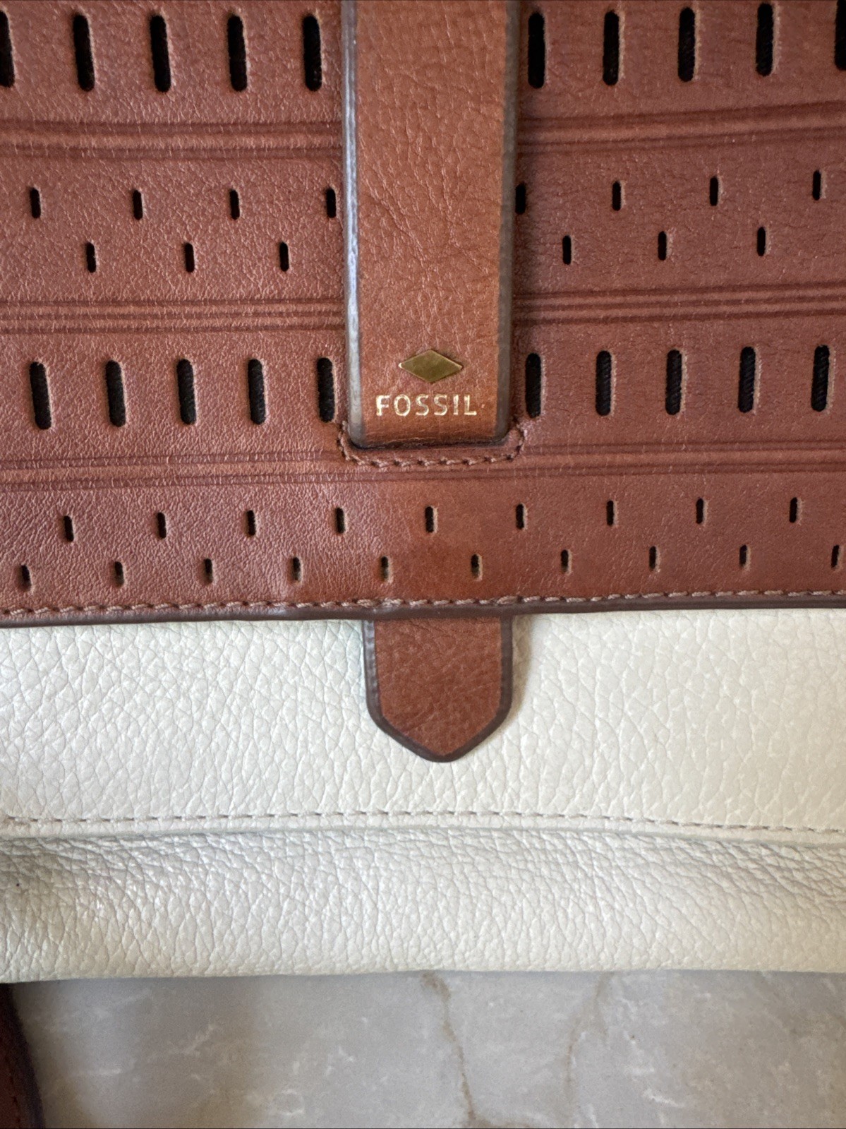 Vintage Fossil Cream And Brown Leather Cross Body Purse