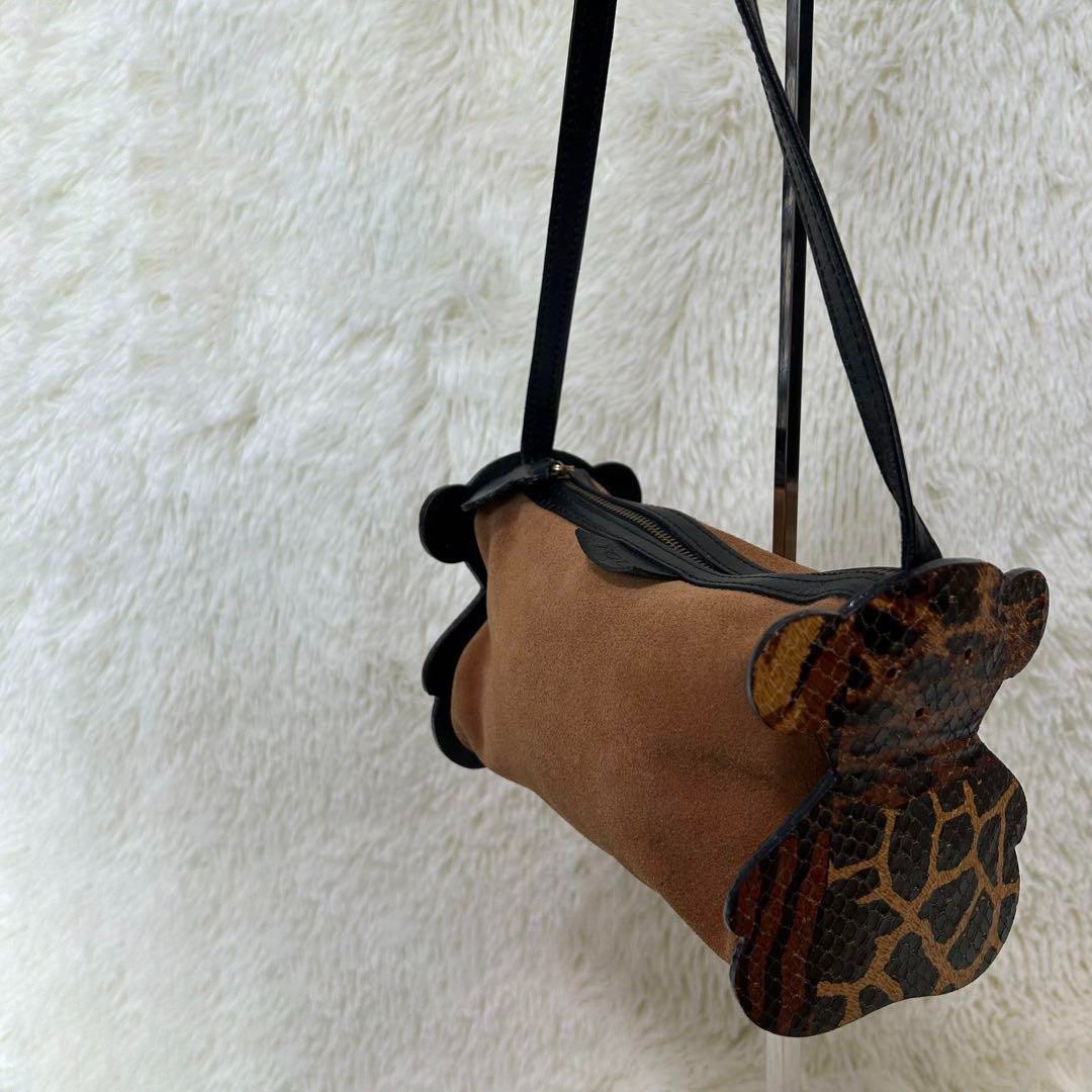 TOUS Shoulder Bag Purse Small Size Bear Motif Brown Suede Leather 19×15cm