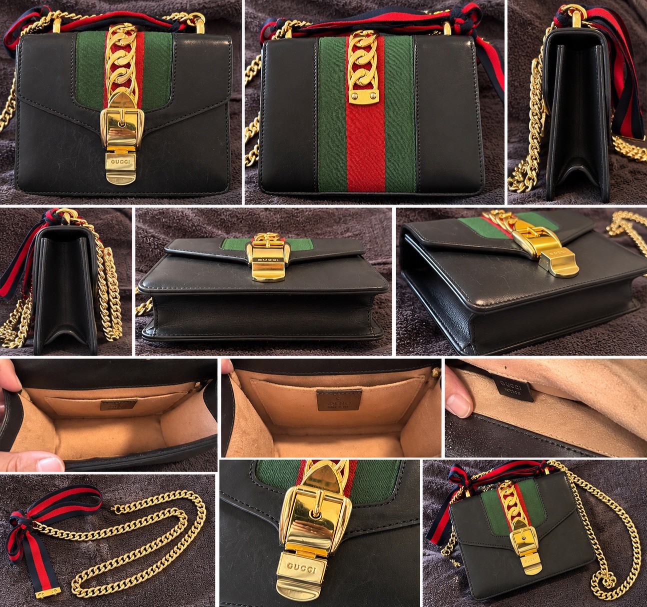 Gucci Small Black Crossbody Bag Gold Chain Web Stripe Push Lock Detachable