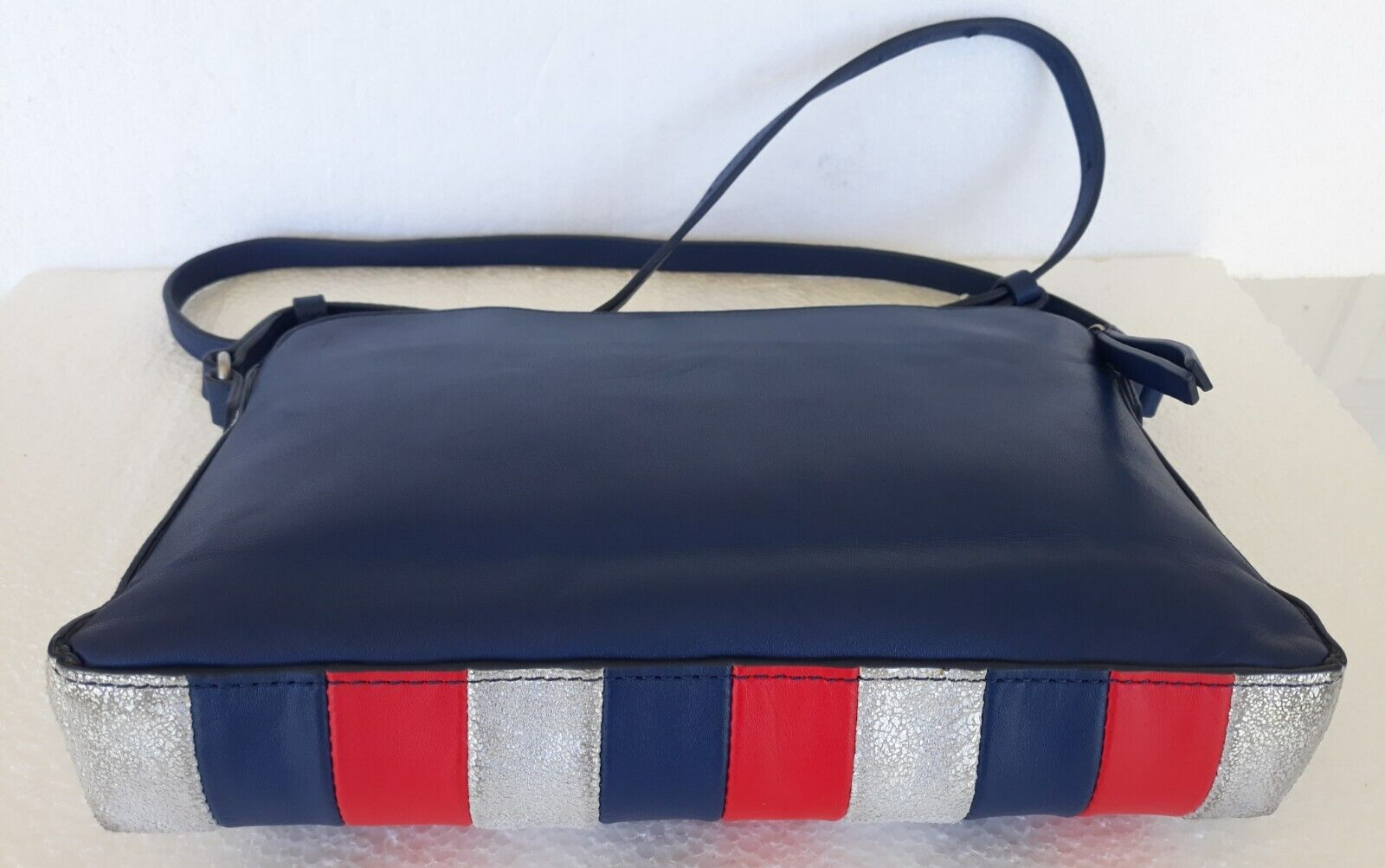 Cath Kidston ~Leather Red Blue Silver Stripe Crossbody Bag ~ 7″ x 10″ ~Very Nice