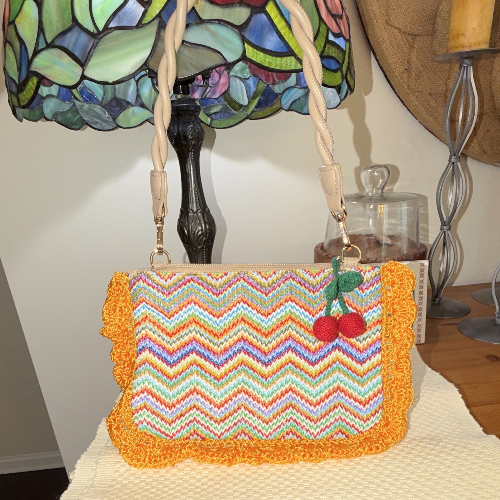 Salvador Bachiller Multicolor Chevron Shoulder Bag Zip Crochet Cherry Charm