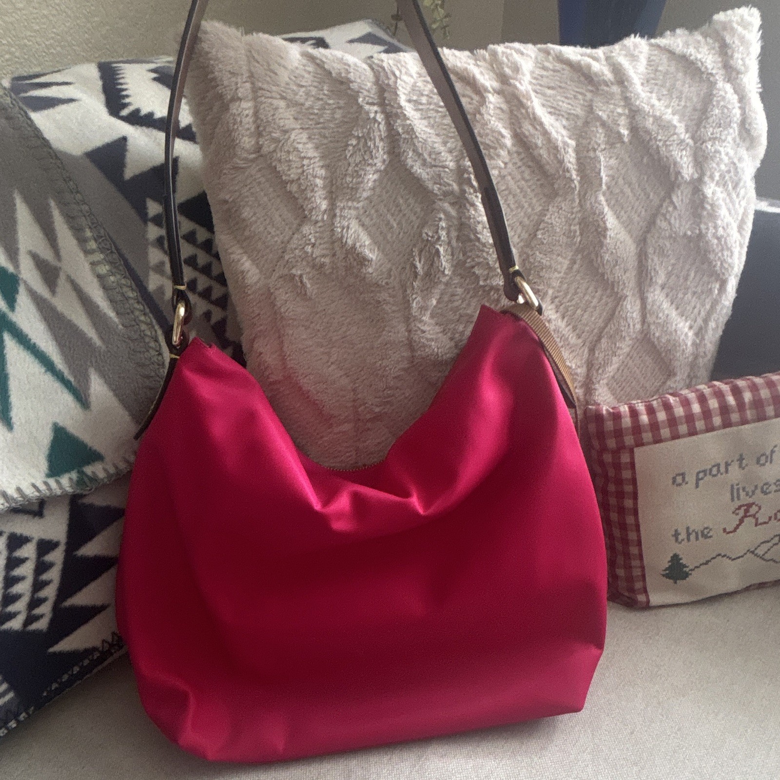 Dooney & Bourke Pink Solid Shoulder Bag Brown Leather Strap Zip Outer Pockets