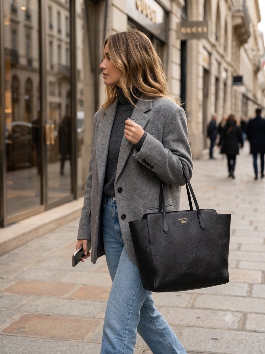 ✨ GUCCI Black Pebbled Leather Swing Medium Tote Bag | Everyday Work Carryall