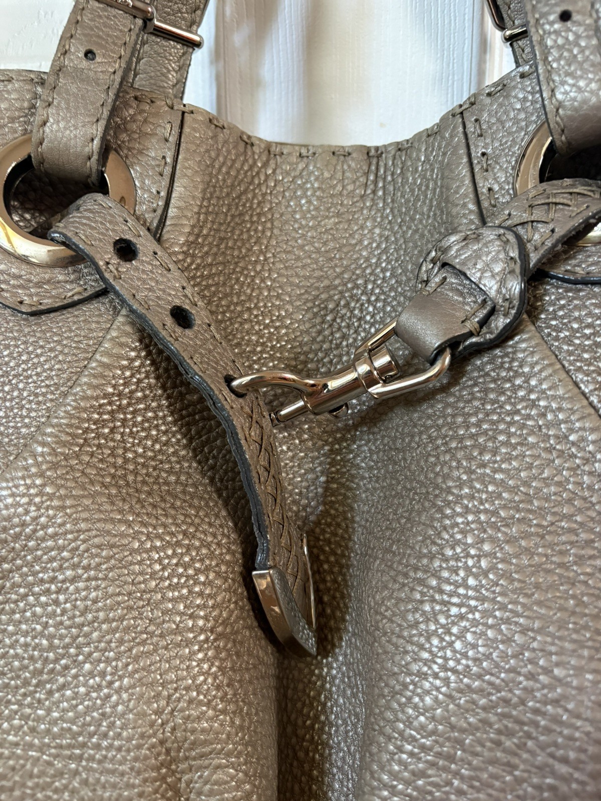 Vintage Fendi Selleria Pomodorino Tote Handbag in Metallic Gray Pebbled Leather