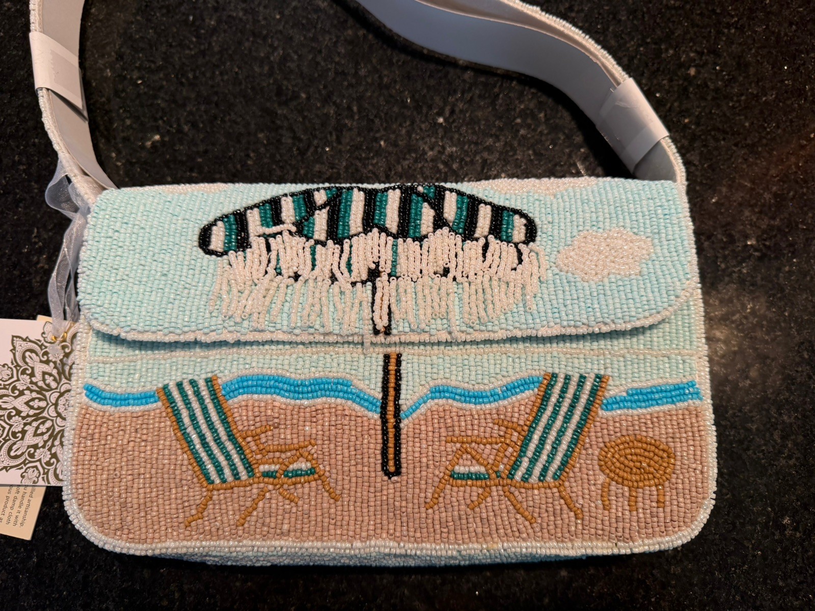 NWT Handmade India Beaded Viral, Beach umbrella Shoulder Bag, Blue,White,Tan