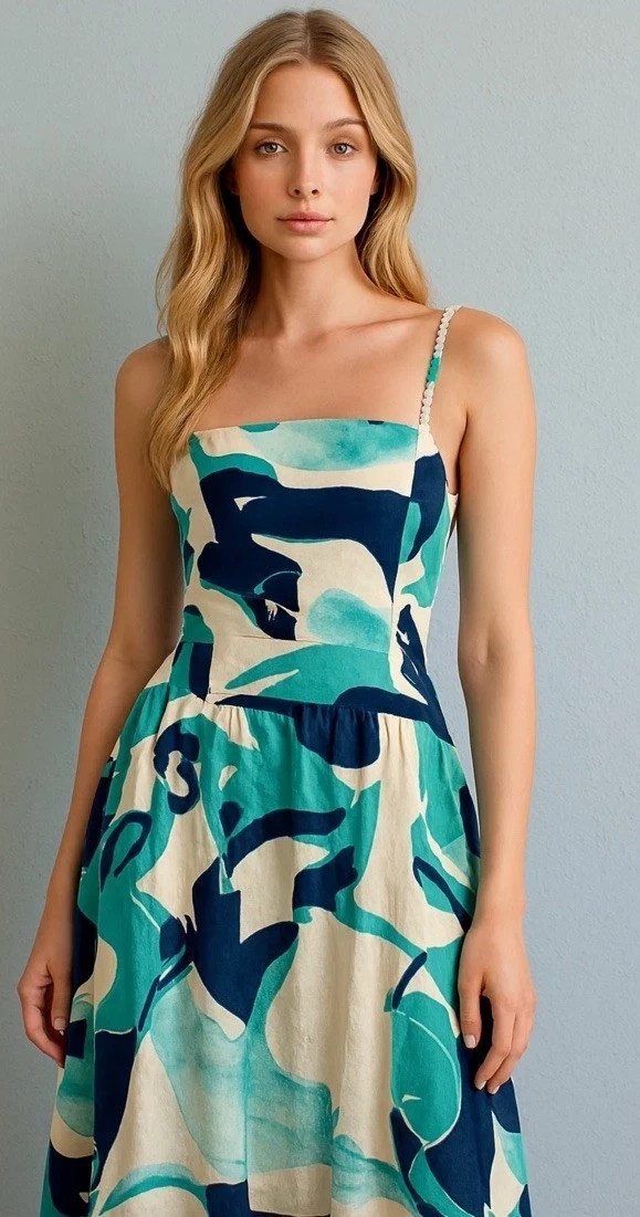 NWT Christian Lacroix linen turquoise and navy lined dress size small