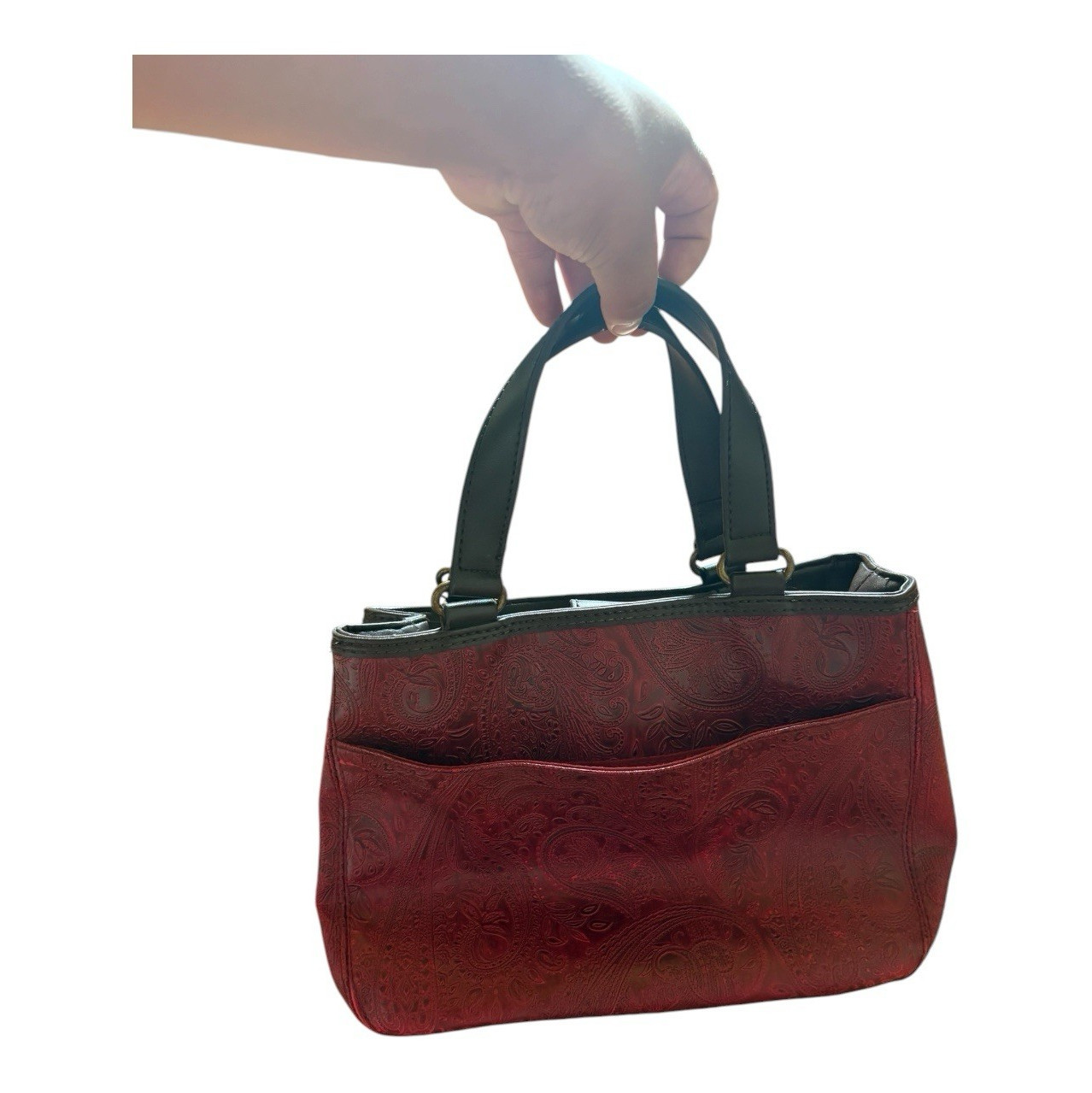 Red and Brown Paisley Hand Bag Double Handles Zip Pockets Dividers