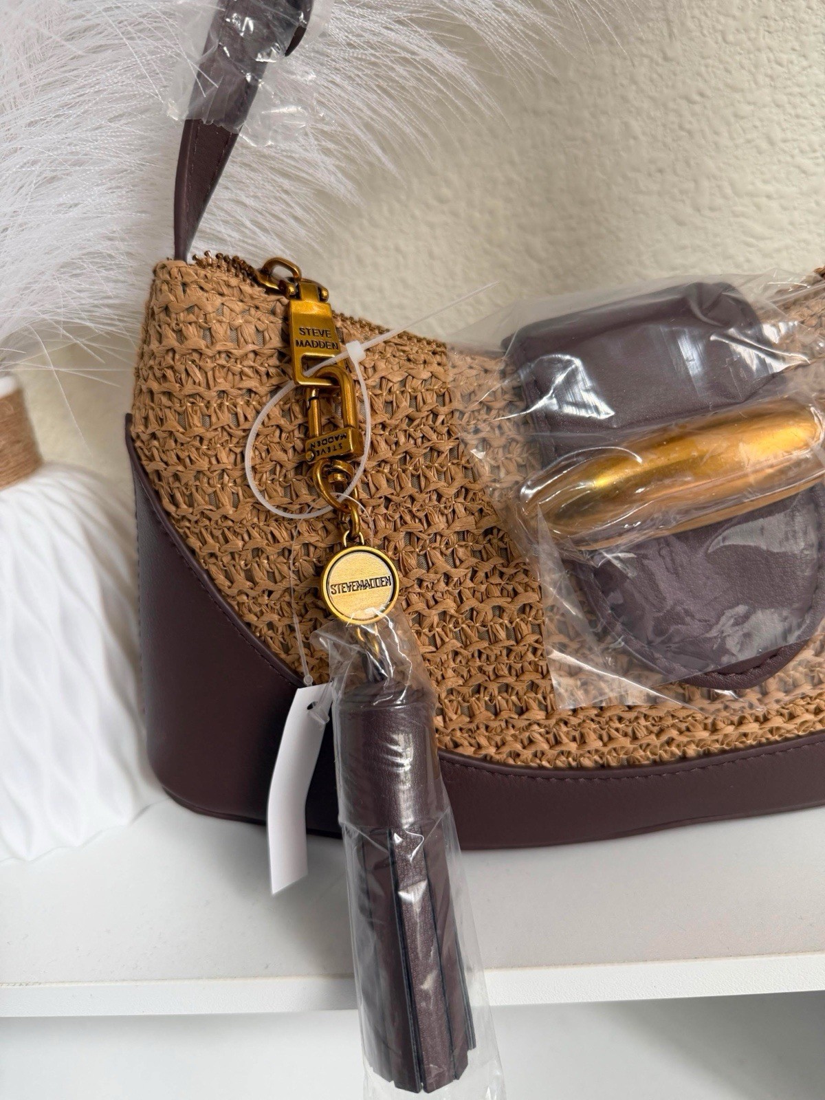Steve Madden Brown Woven Crescent Shoulder Bag Gold Hardware Tassel Zipper