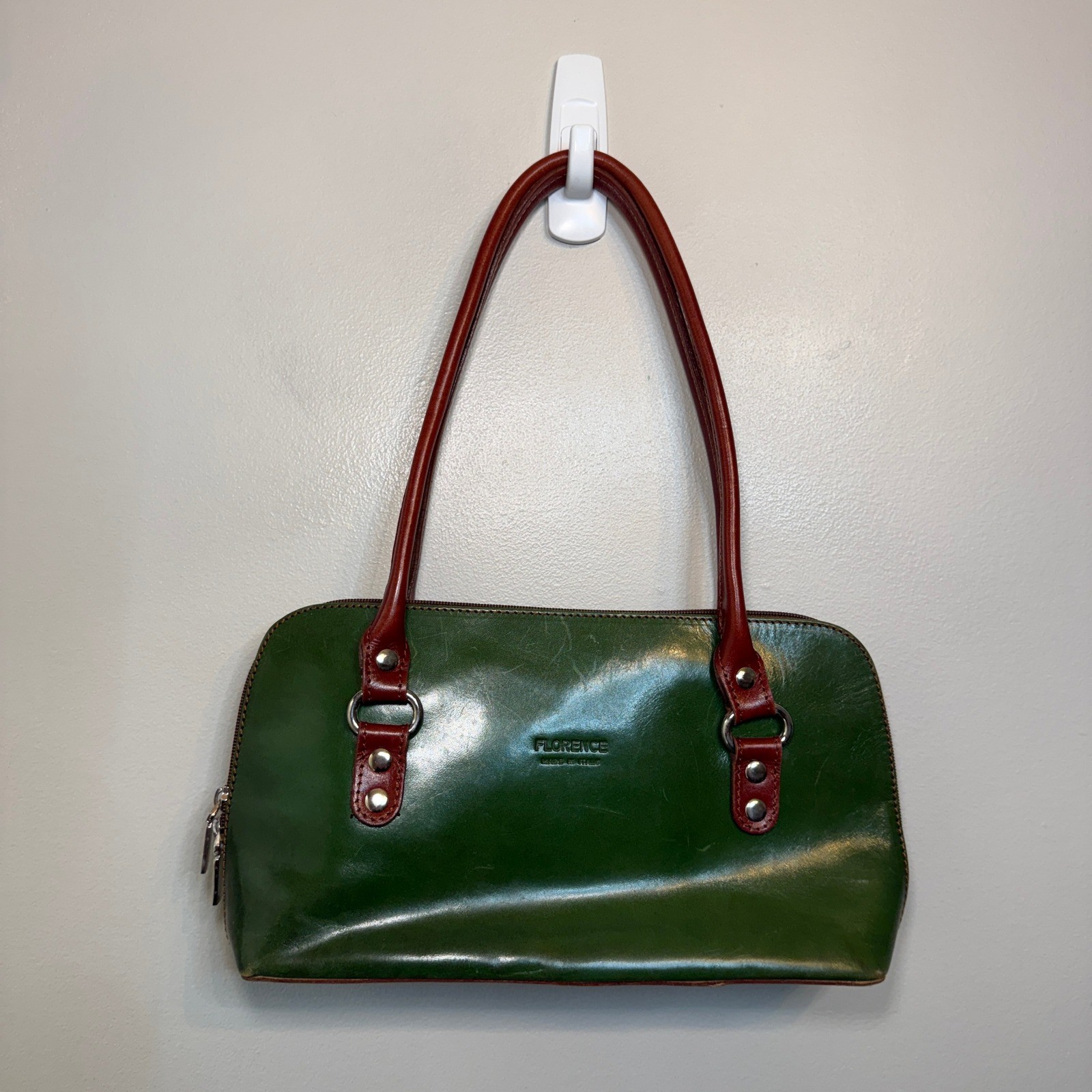 Florence Made in Italy Green Red Leather Shoulder Bag Vintage Double Zip Purse